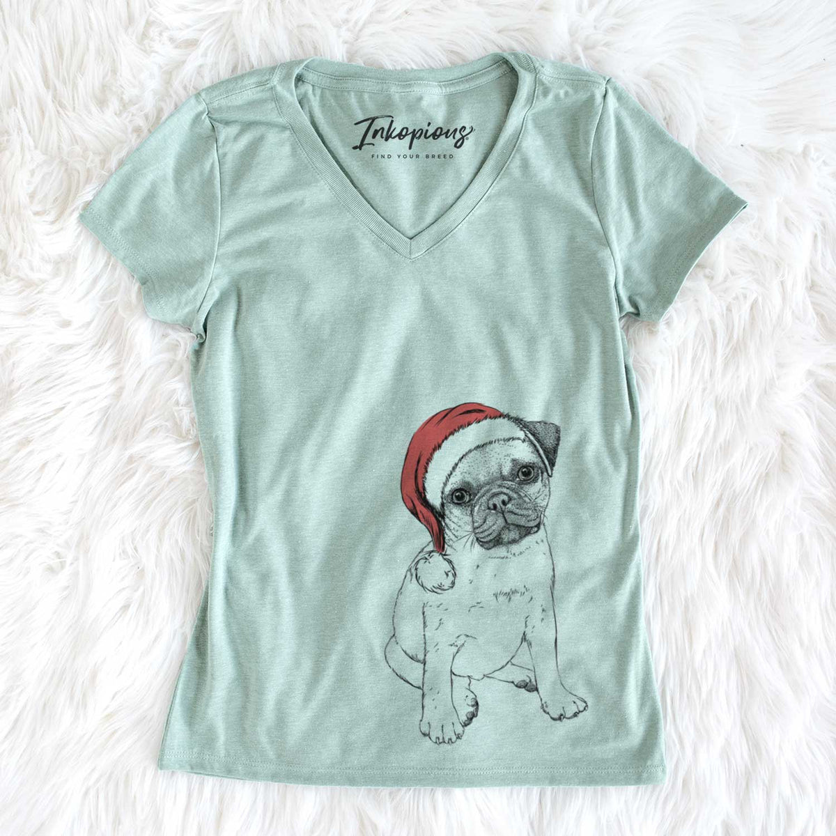 Santa Nelson the Pug Puppy - Women&#39;s V-neck Shirt