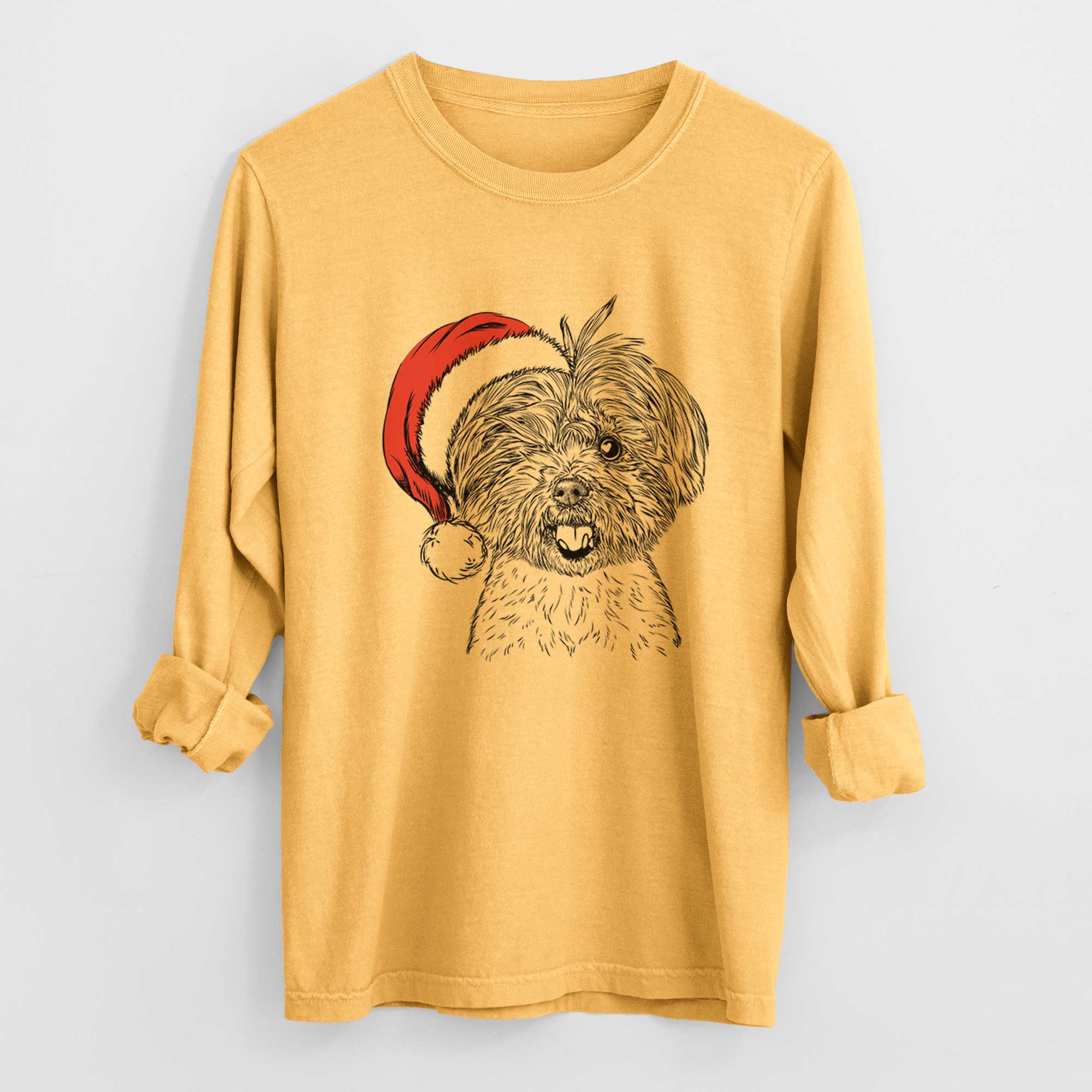 Santa Oliver the Yorkie Mix - Heavyweight 100% Cotton Long Sleeve