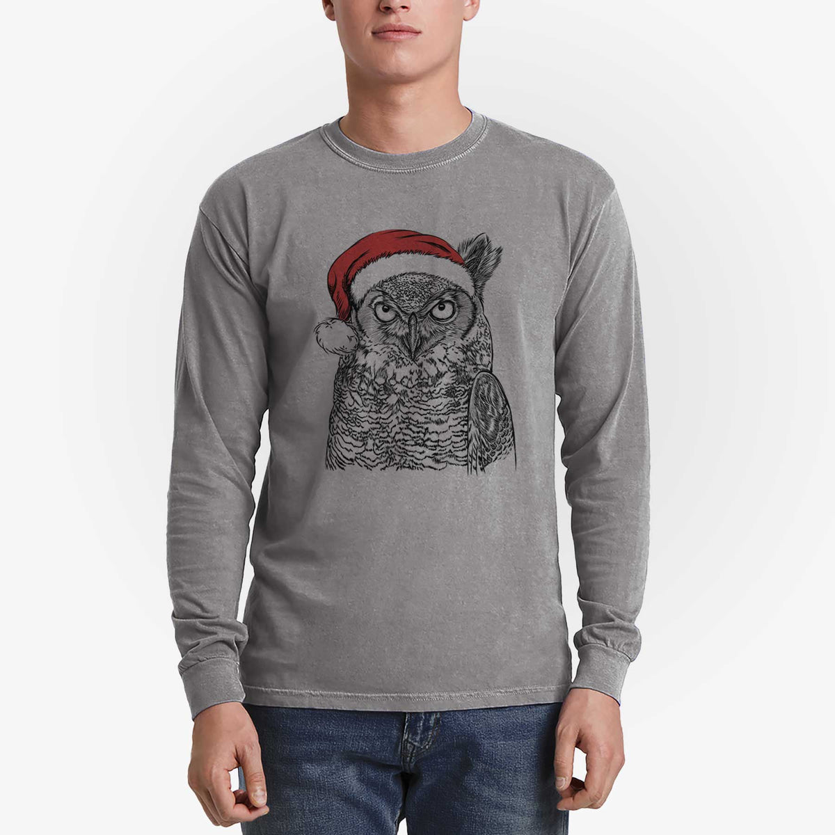 Santa Ozwald the Grey Horned Owl - Heavyweight 100% Cotton Long Sleeve
