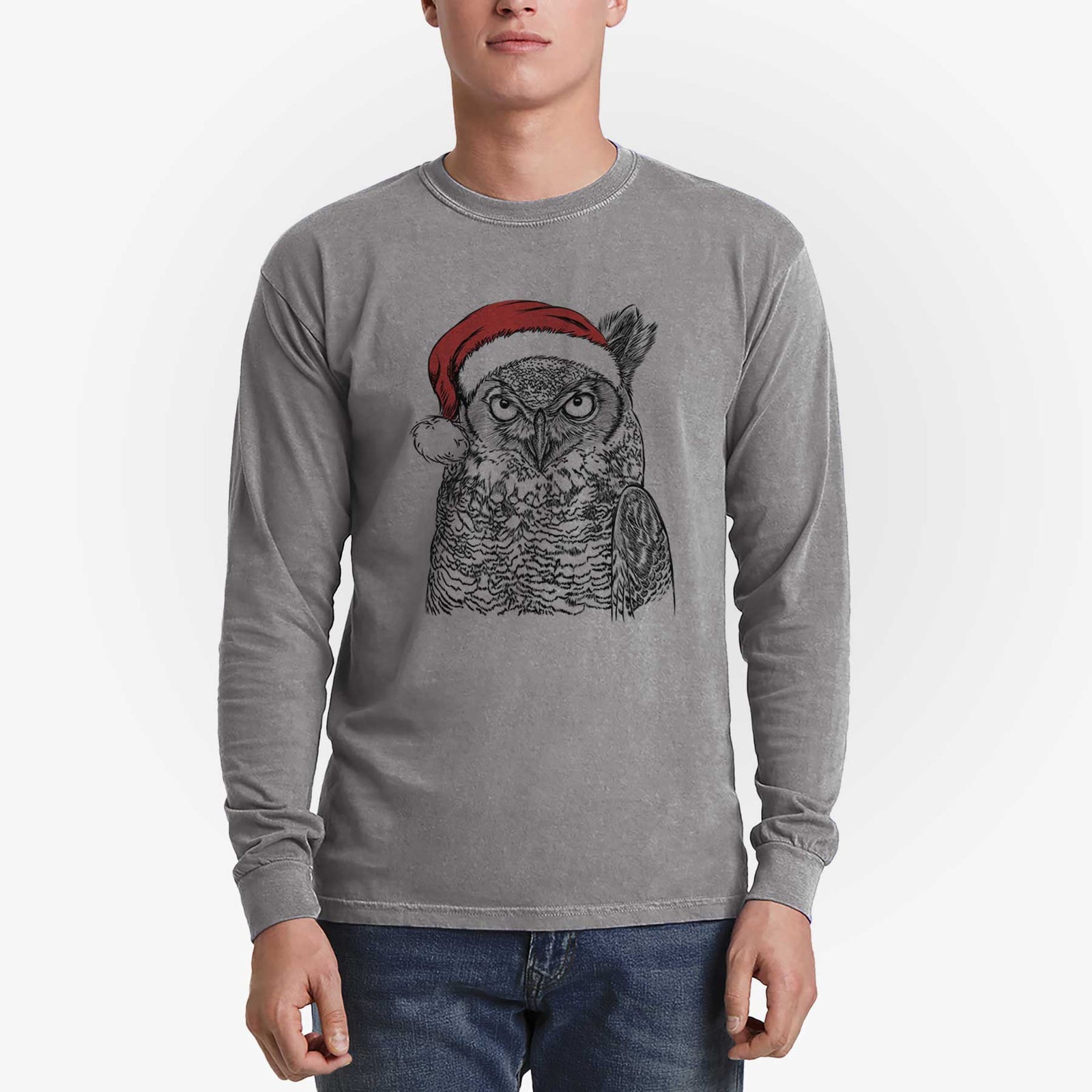 Santa Ozwald the Grey Horned Owl - Heavyweight 100% Cotton Long Sleeve