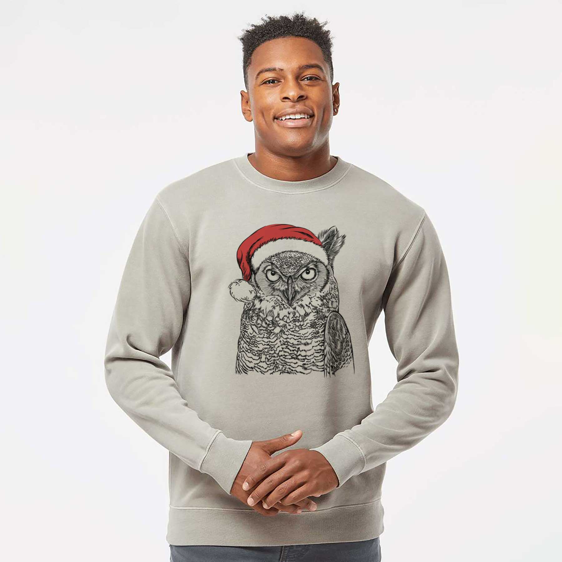 Santa Ozwald the Grey Horned Owl - Unisex Pigment Dyed Crew Sweatshirt