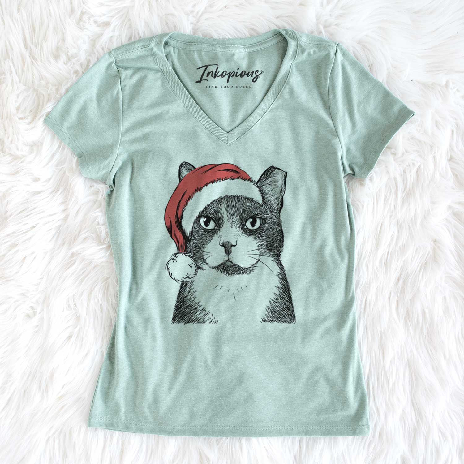 Santa Pinky the Tuxedo Cat - Women's V-neck Shirt