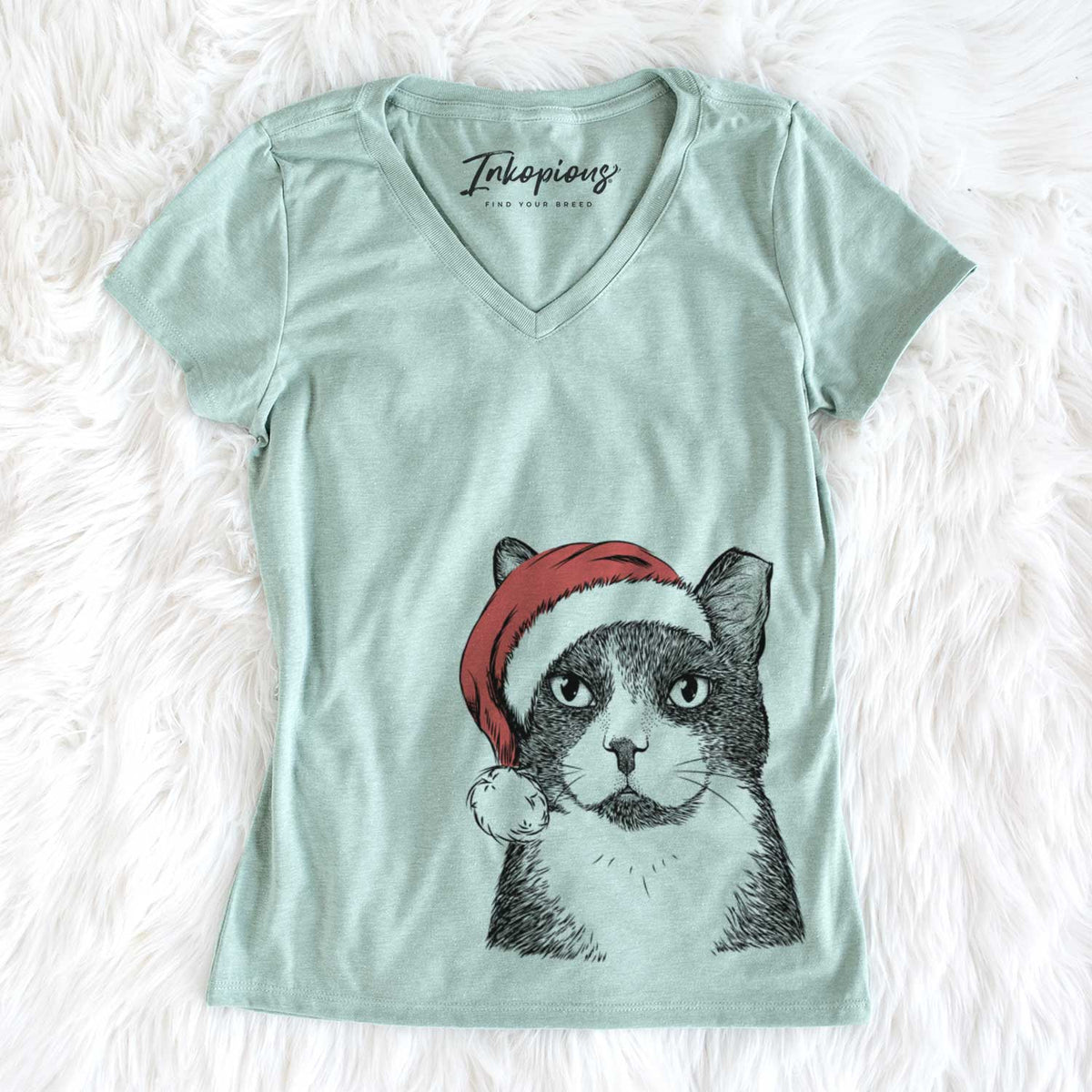 Santa Pinky the Tuxedo Cat - Women&#39;s V-neck Shirt