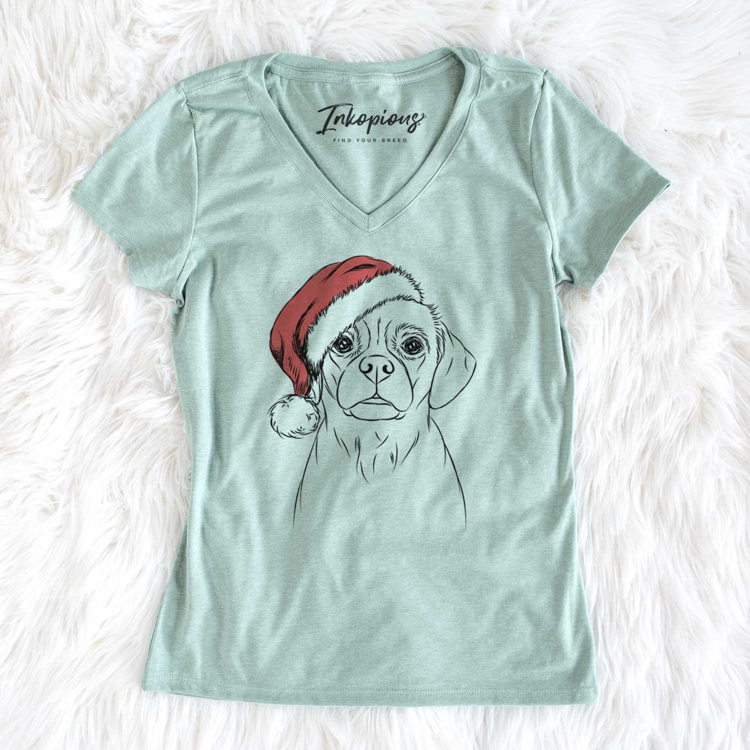 Santa Popcorn the Puggle - Women's V-neck Shirt