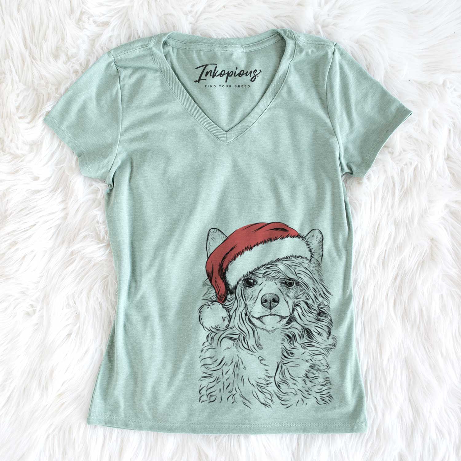 Santa Preston the Powderpuff Chinese Crested - Women's V-neck Shirt