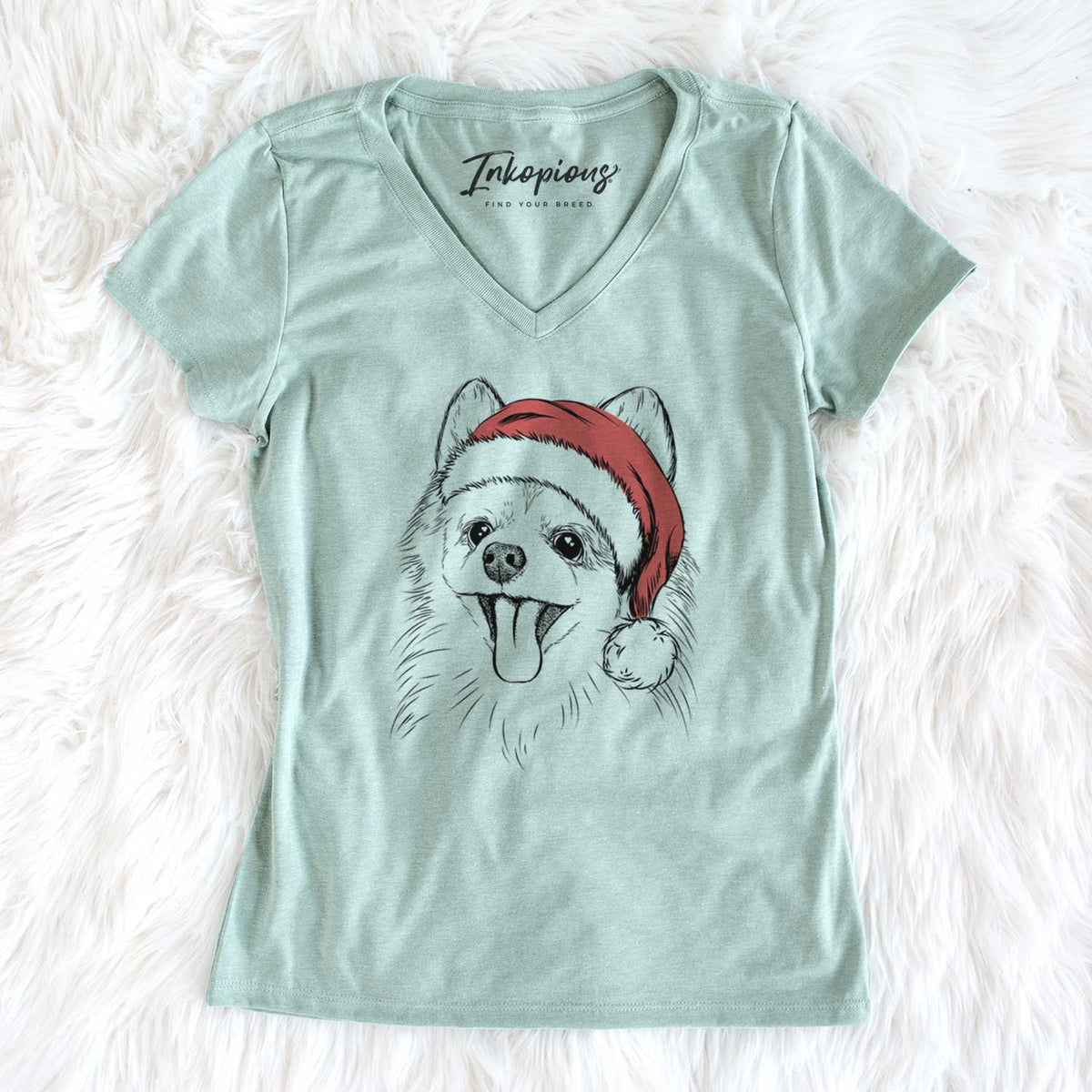 Santa Quinn the Pomeranian - Women's V-neck Shirt