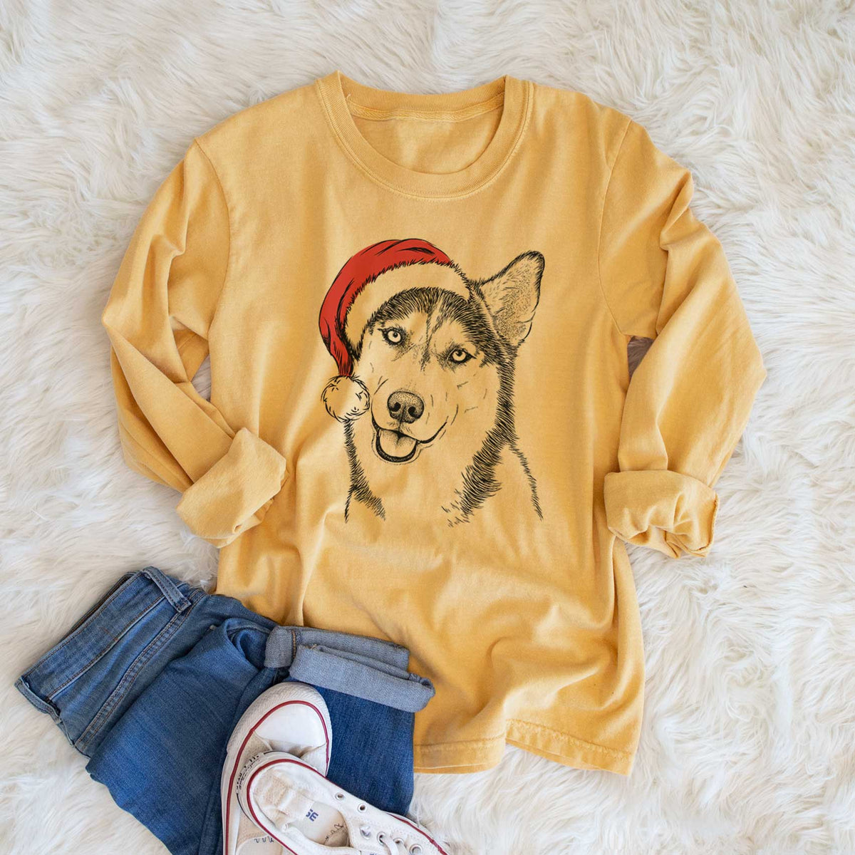Santa Remmie the Siberian Husky - Heavyweight 100% Cotton Long Sleeve