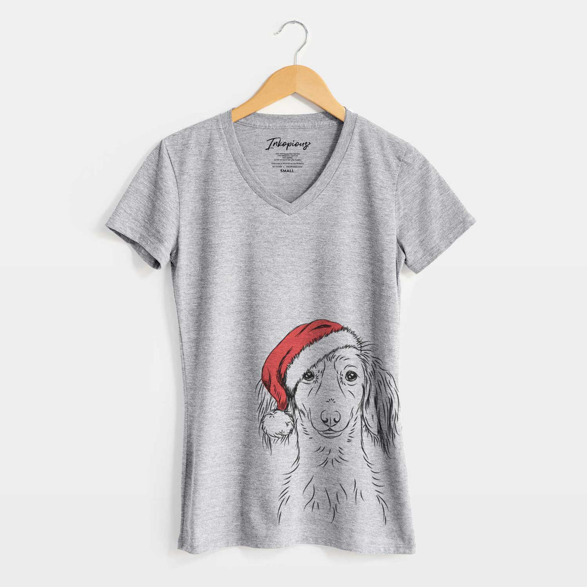 Santa Roux the Long Haired Dachshund - Women's V-neck Shirt