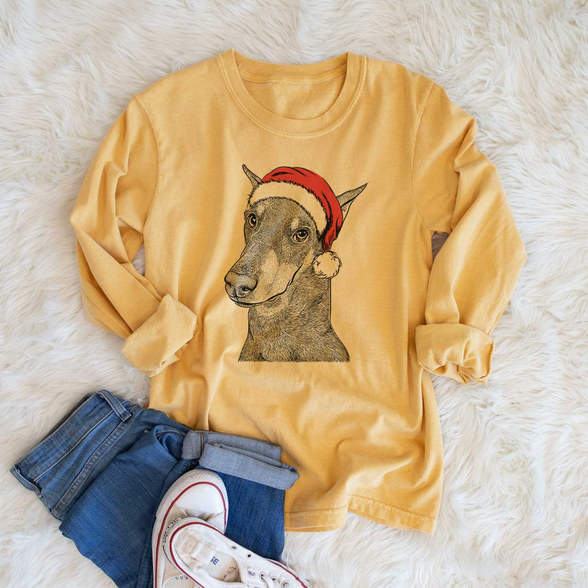 Santa Shelby the Doberman Pinscher - Heavyweight 100% Cotton Long Sleeve