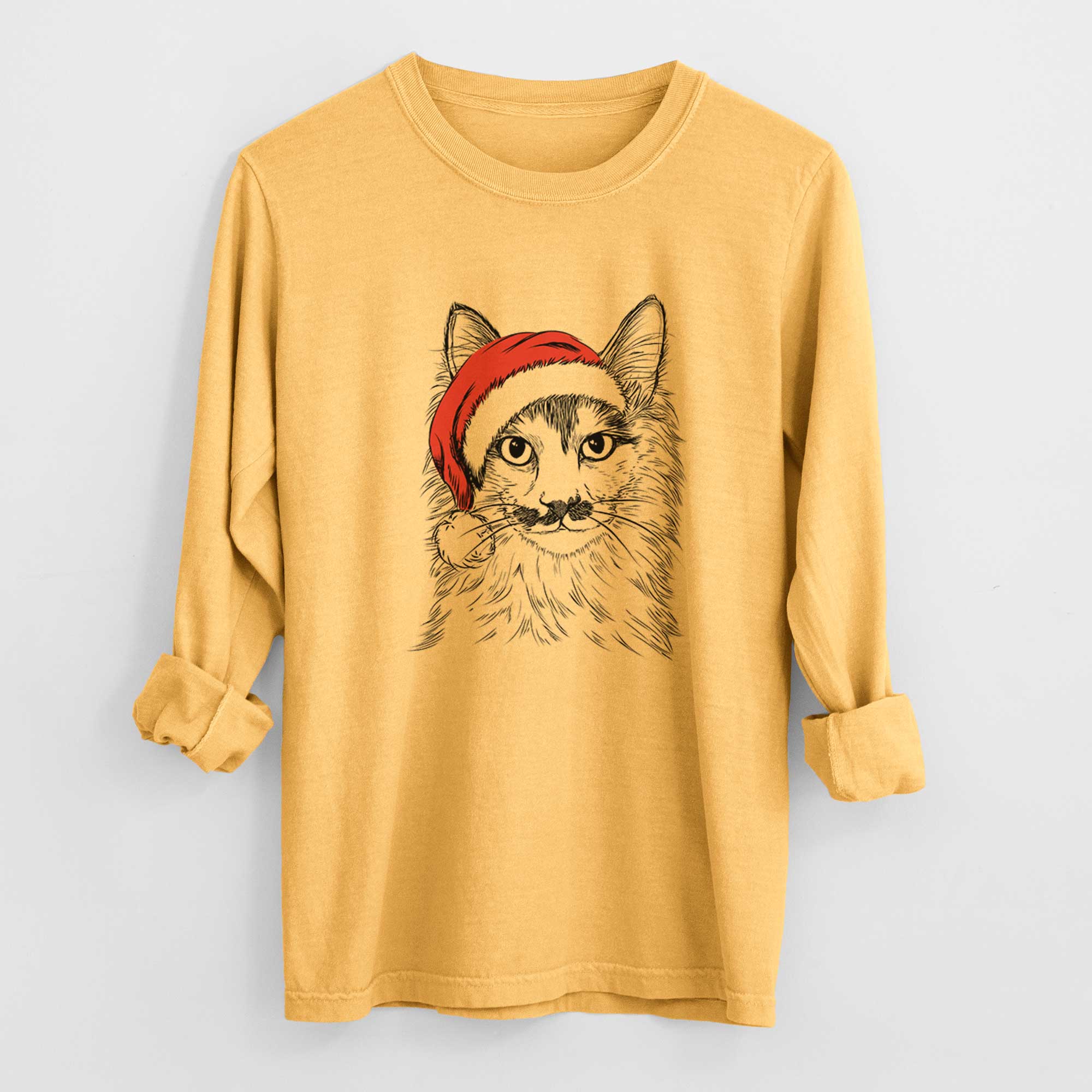 Santa Stache the Longhaired Mustard Cat - Heavyweight 100% Cotton Long Sleeve