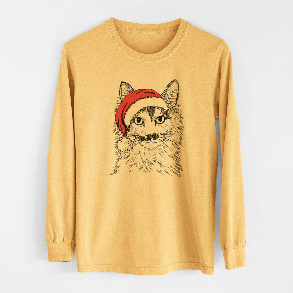 Santa Stache the Longhaired Mustard Cat - Heavyweight 100% Cotton Long Sleeve
