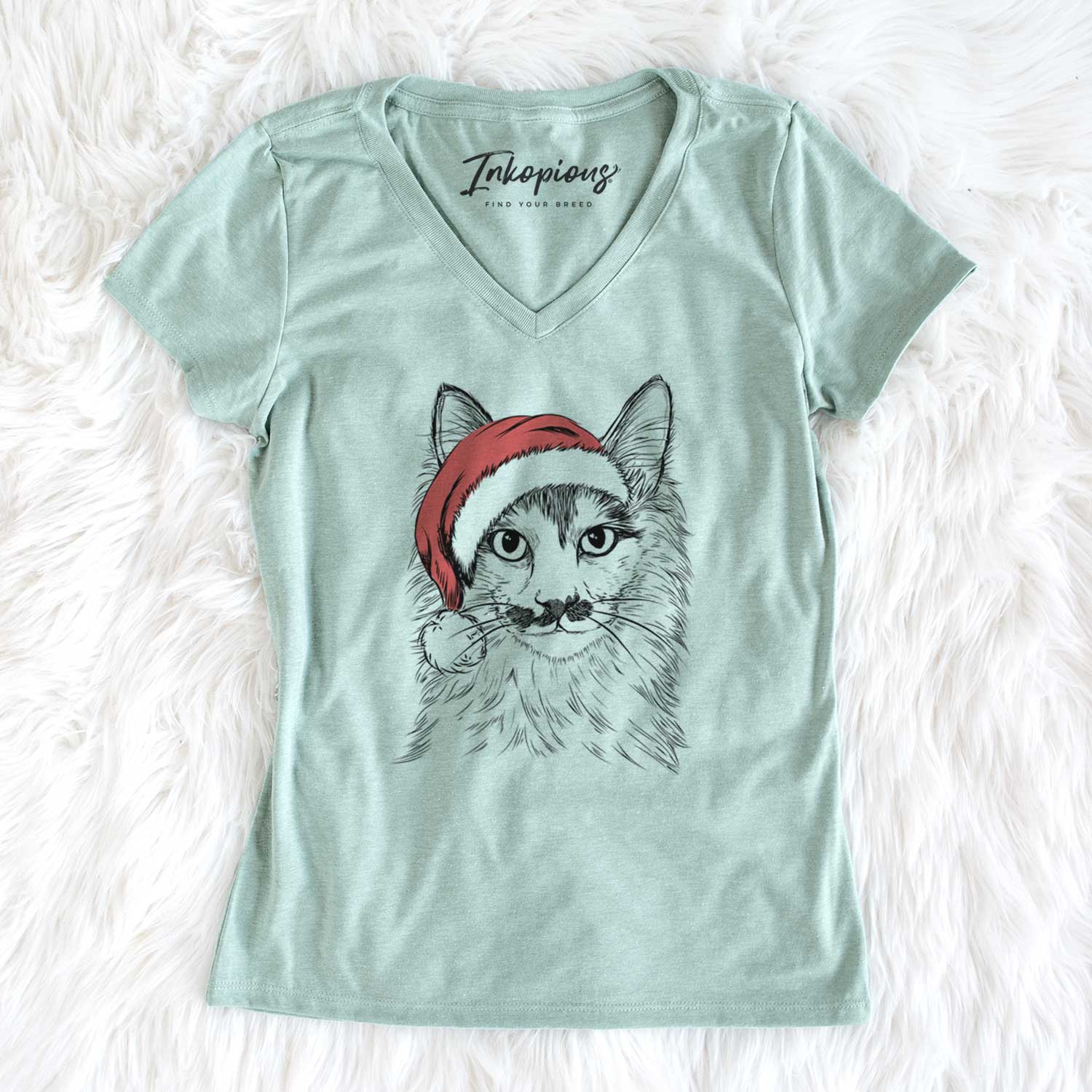 Santa Stache the Longhaired Mustard Cat - Women's V-neck Shirt