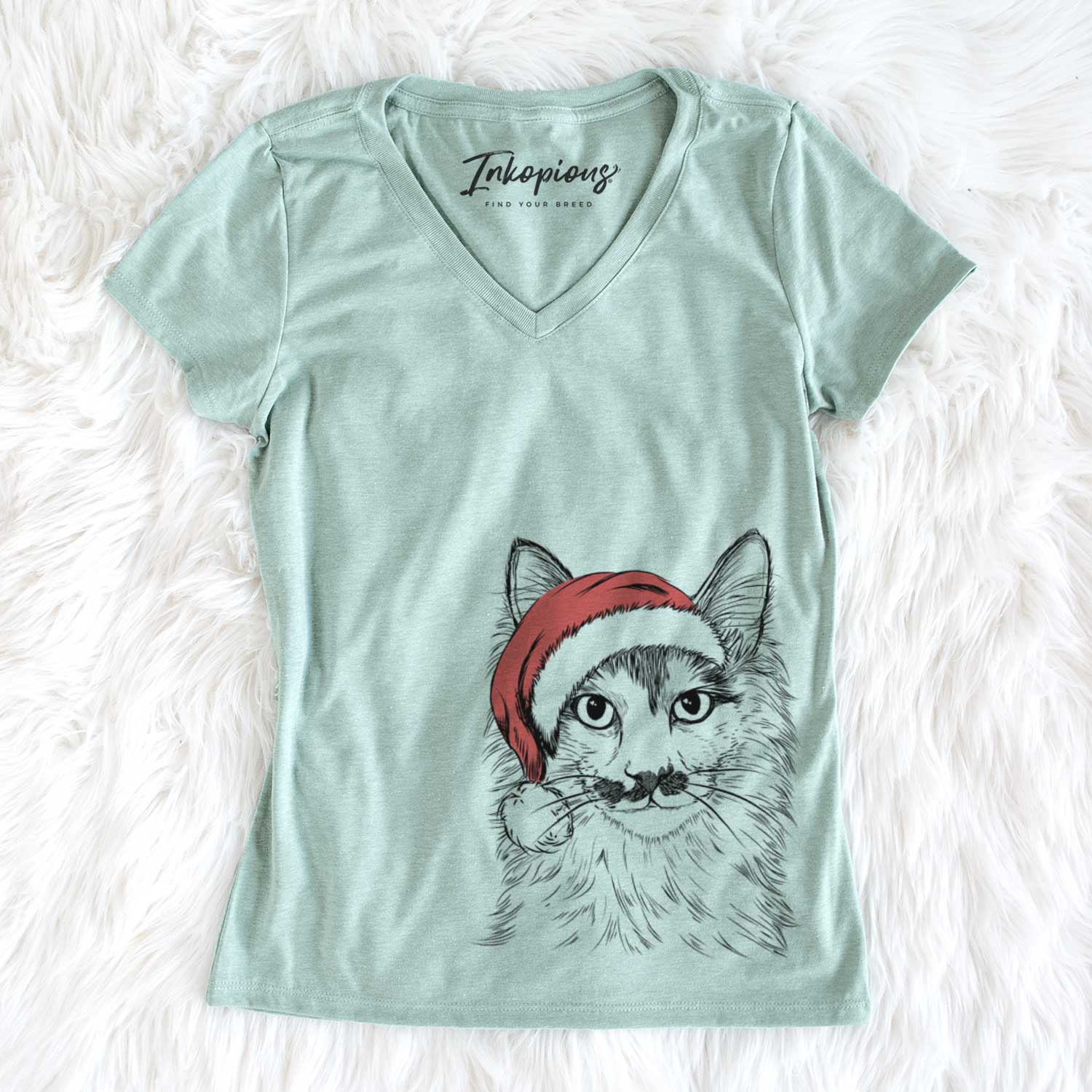 Santa Stache the Longhaired Mustard Cat - Women's V-neck Shirt