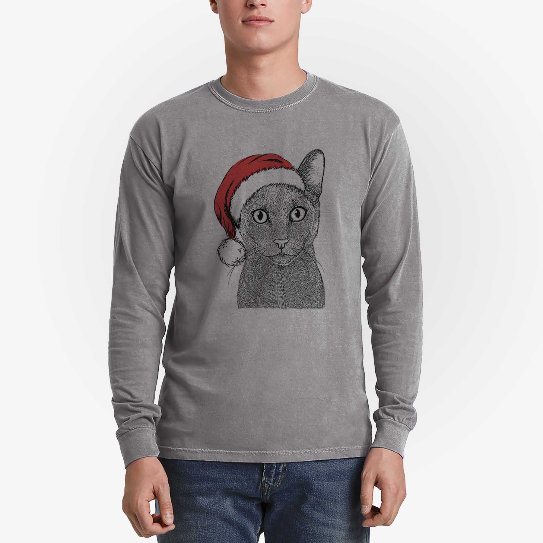 Santa Stanley the Russian Blue Cat - Heavyweight 100% Cotton Long Sleeve