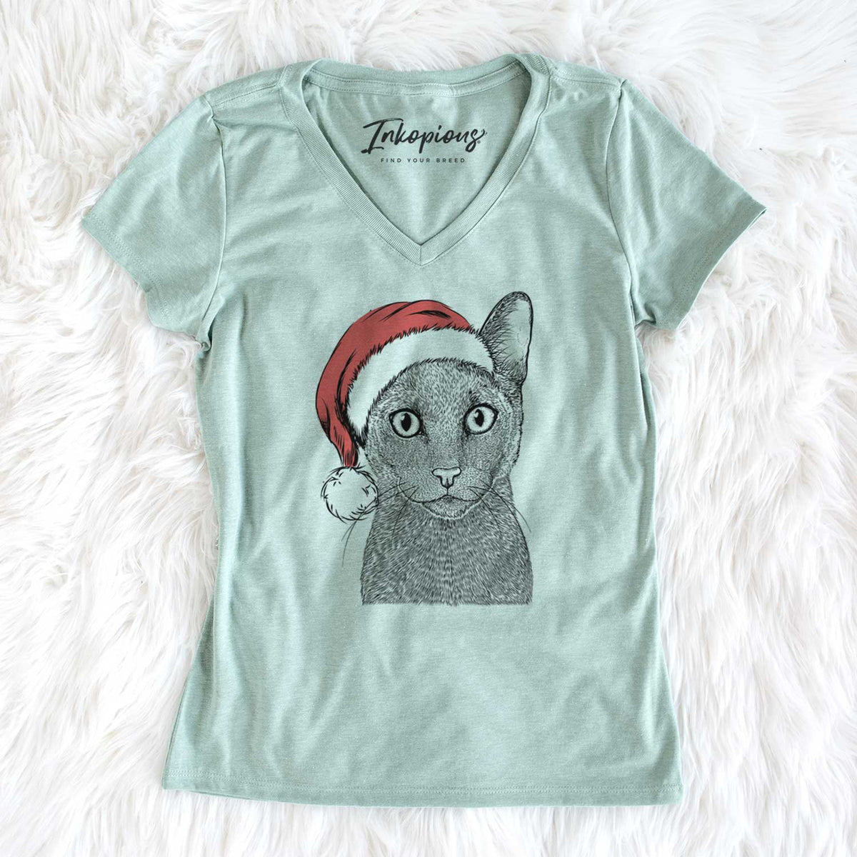 Santa Stanley the Russian Blue Cat - Women's V-neck Shirt