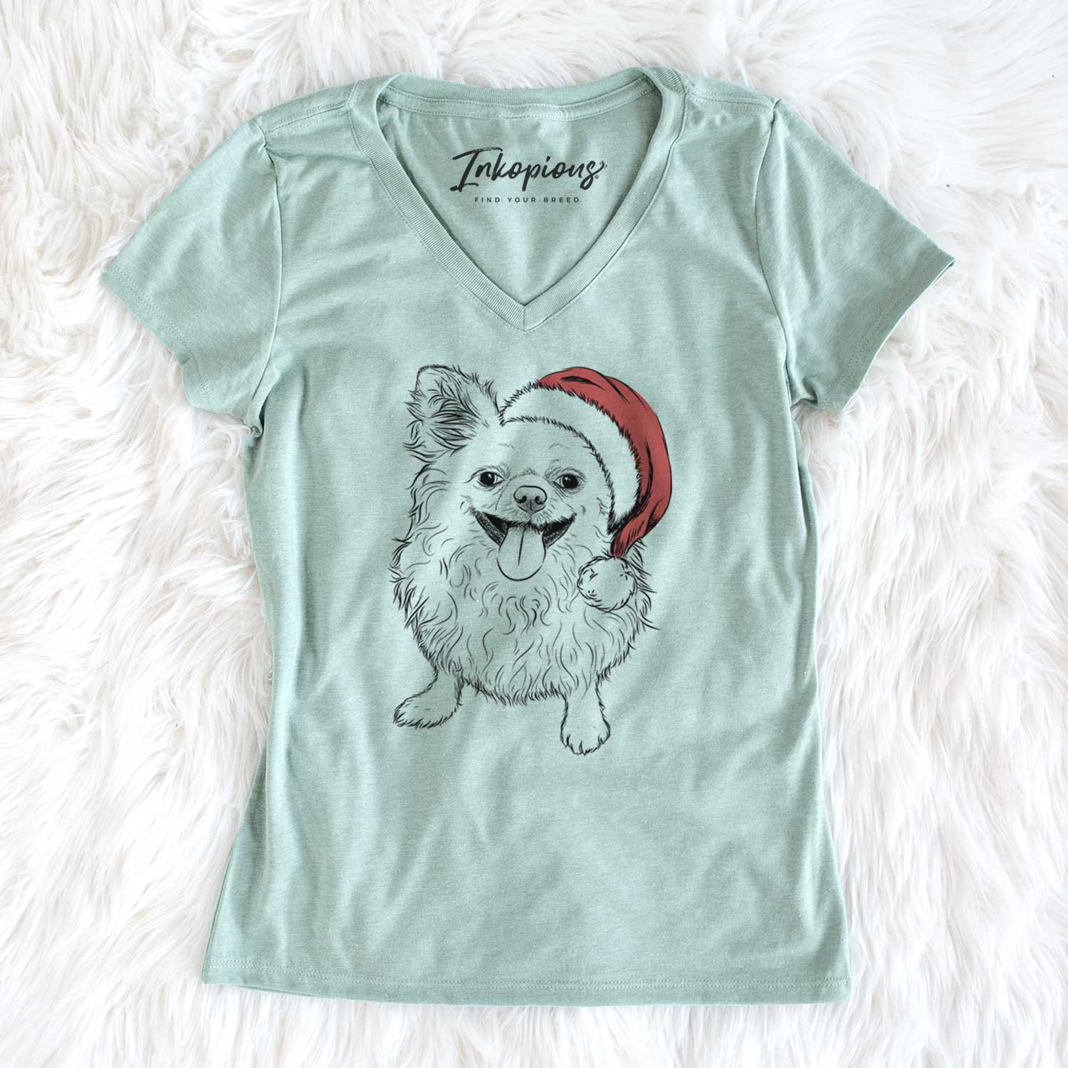 Santa Stuart the Longhaired Chihuahua - Women's V-neck Shirt