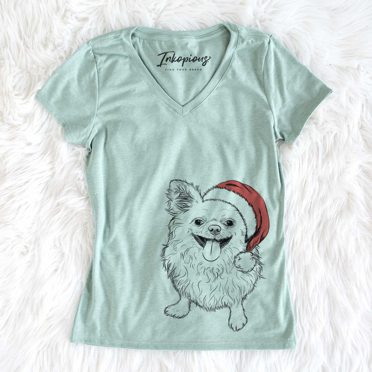 Santa Stuart the Longhaired Chihuahua - Women&#39;s V-neck Shirt