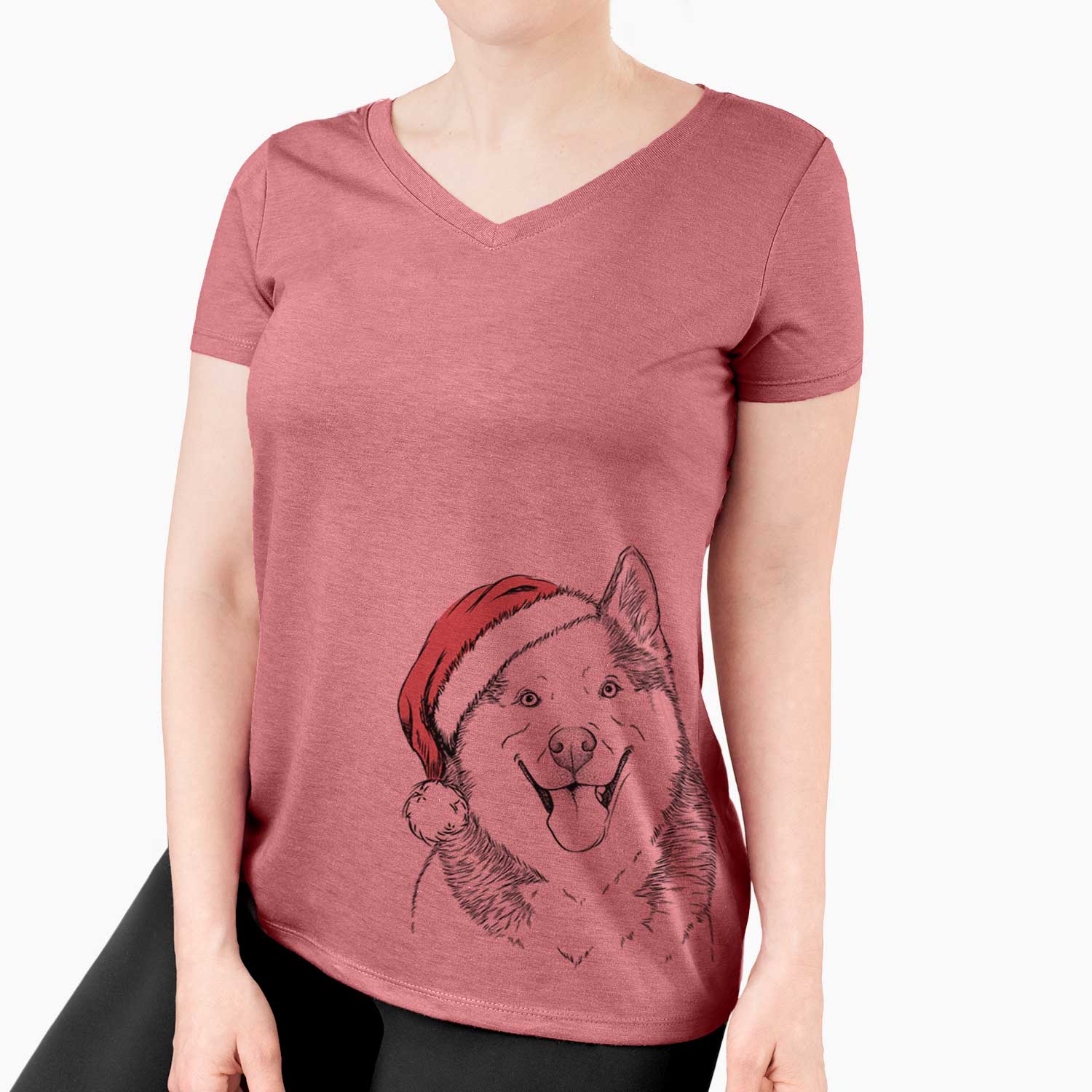 Santa Teak the Siberian Husky - Women's V-neck Shirt