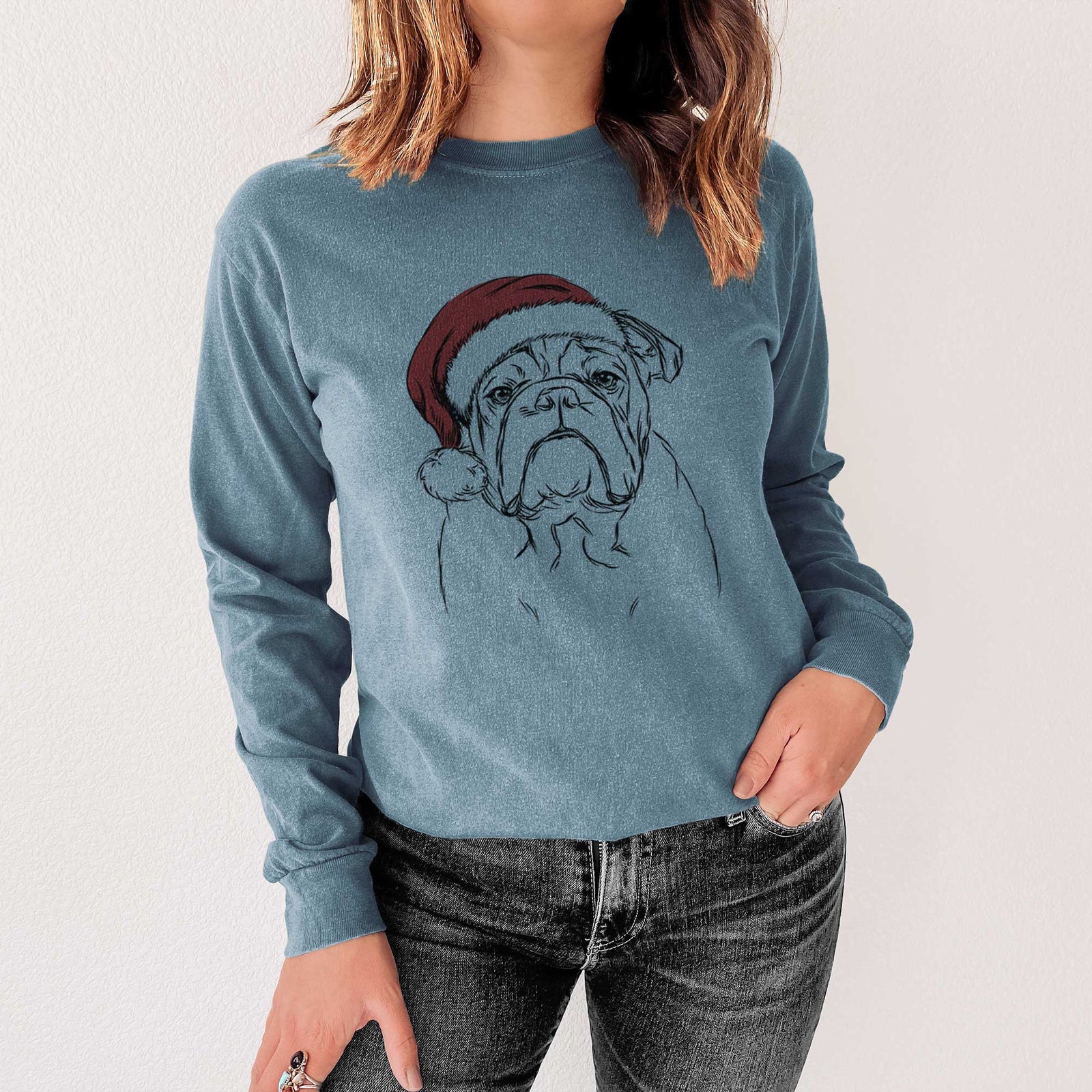 Santa Winston the English Bulldog - Heavyweight 100% Cotton Long Sleeve