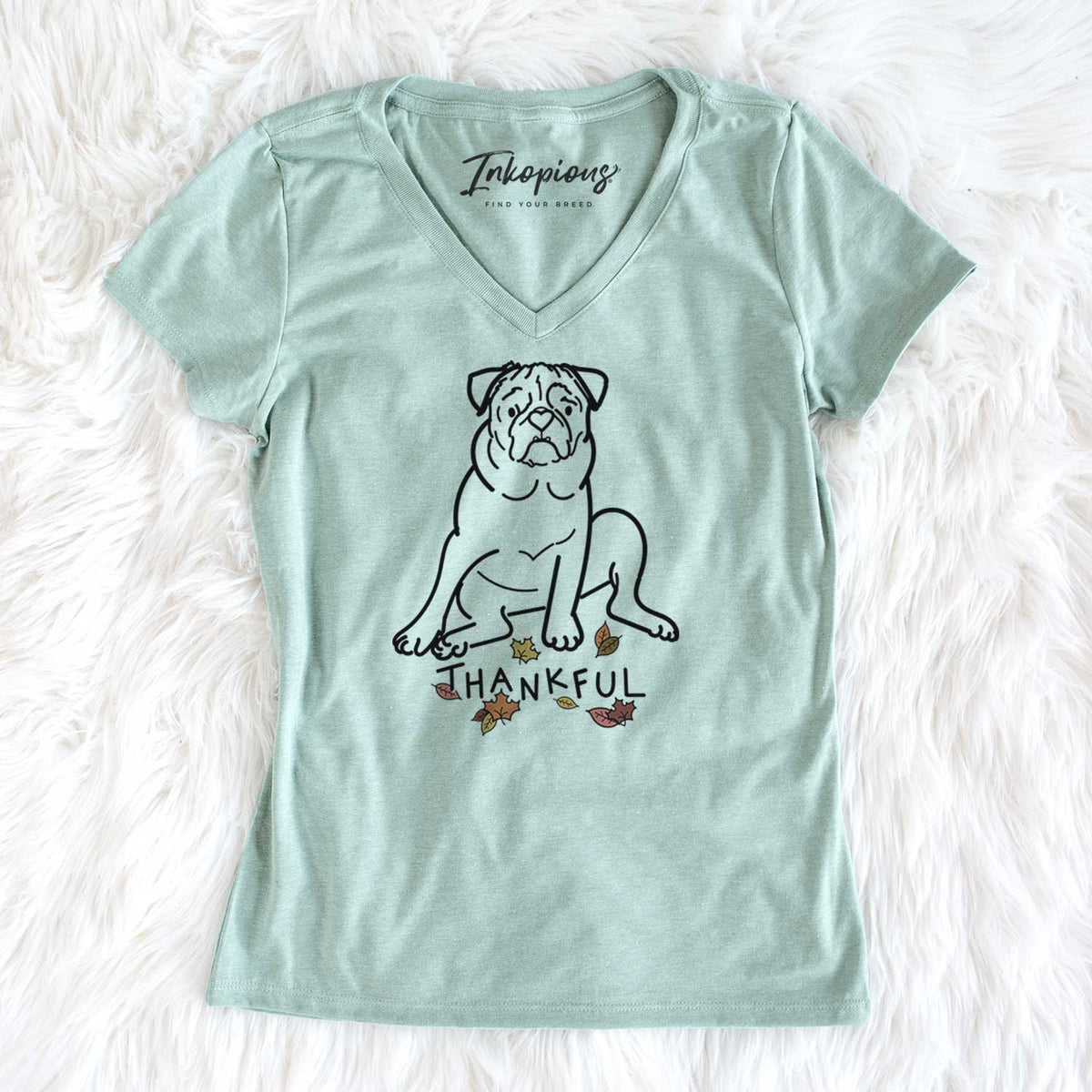 Thankful Pug - Rudy - Women&#39;s V-neck Shirt