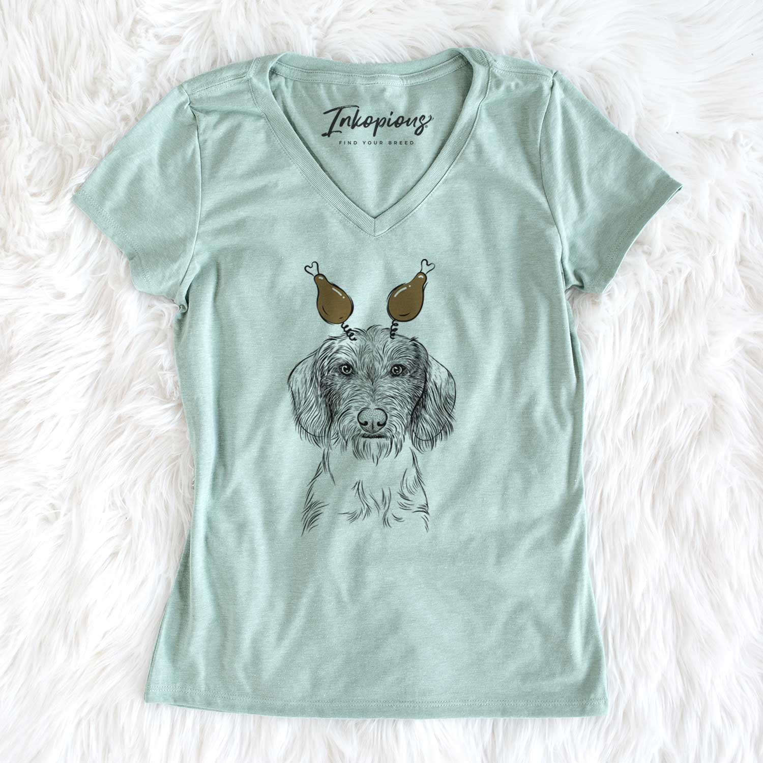 Thanksgiving Almond the Wirehaired Dachshund - Women's V-neck Shirt