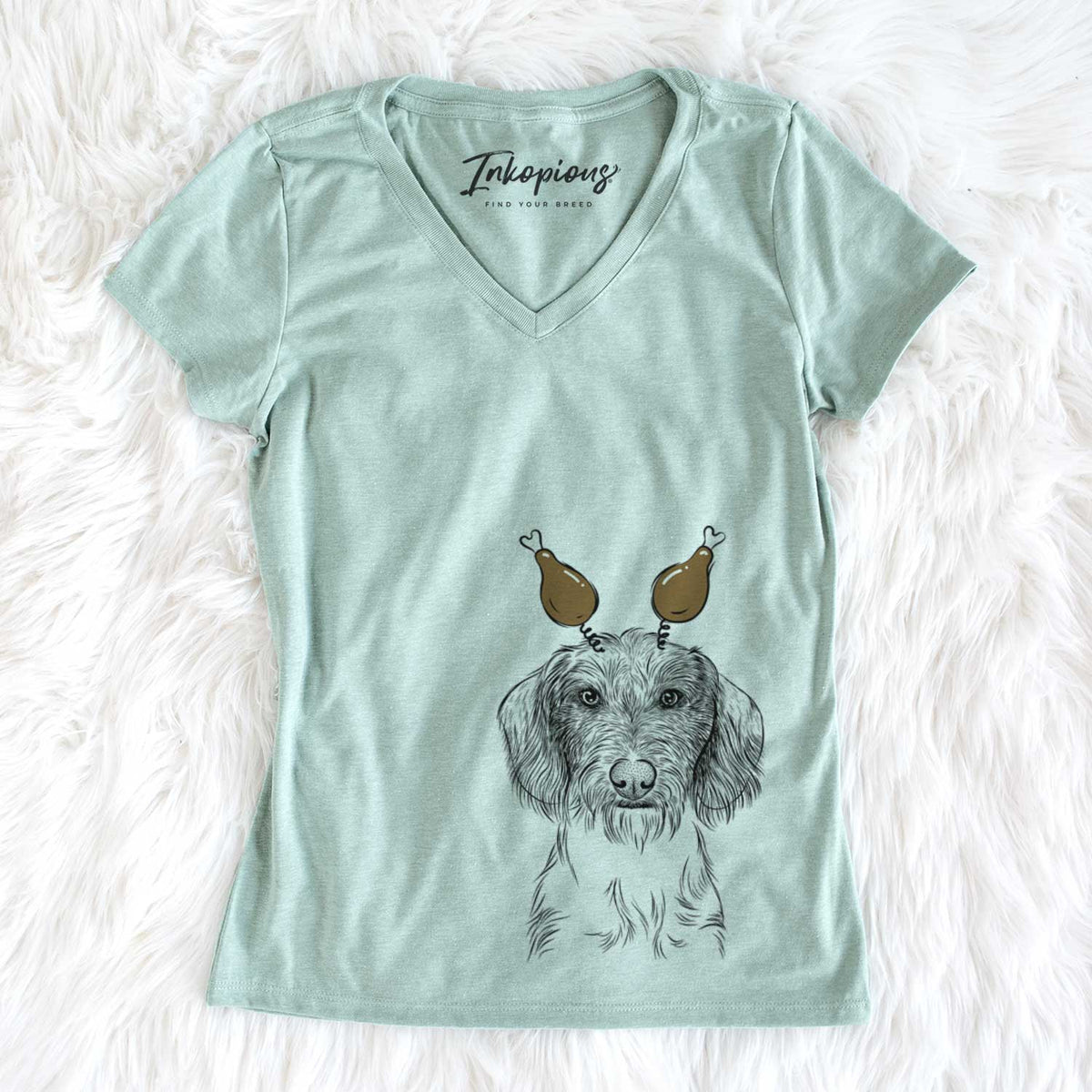 Thanksgiving Almond the Wirehaired Dachshund - Women&#39;s V-neck Shirt