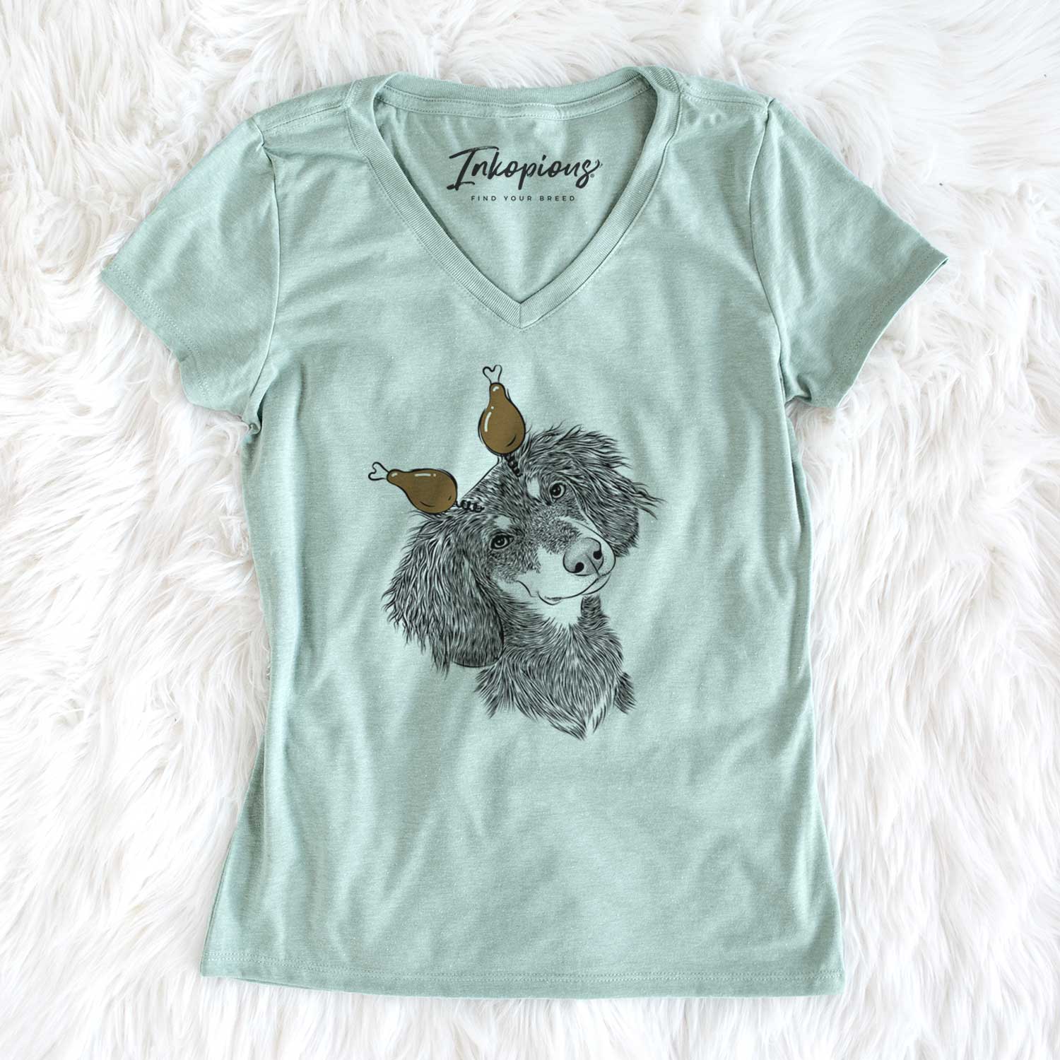 Thanksgiving Bailey the Long Haired Dachshund - Women's V-neck Shirt