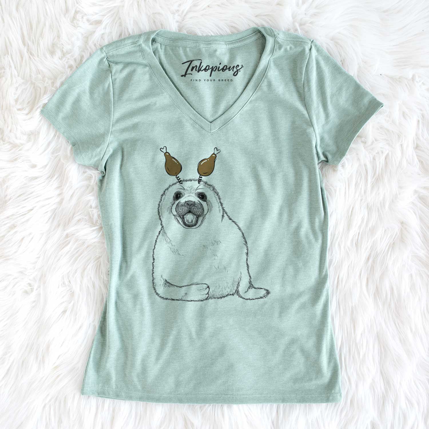 Thanksgiving Bub the Harp Seal - Women's V-neck Shirt