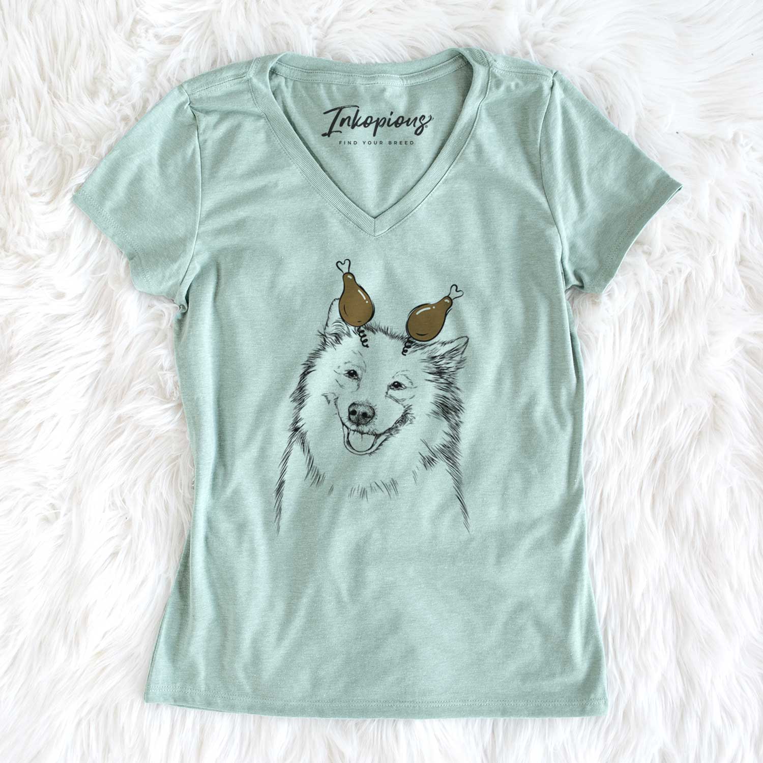 Thanksgiving Caico the Samoyed - Women's V-neck Shirt