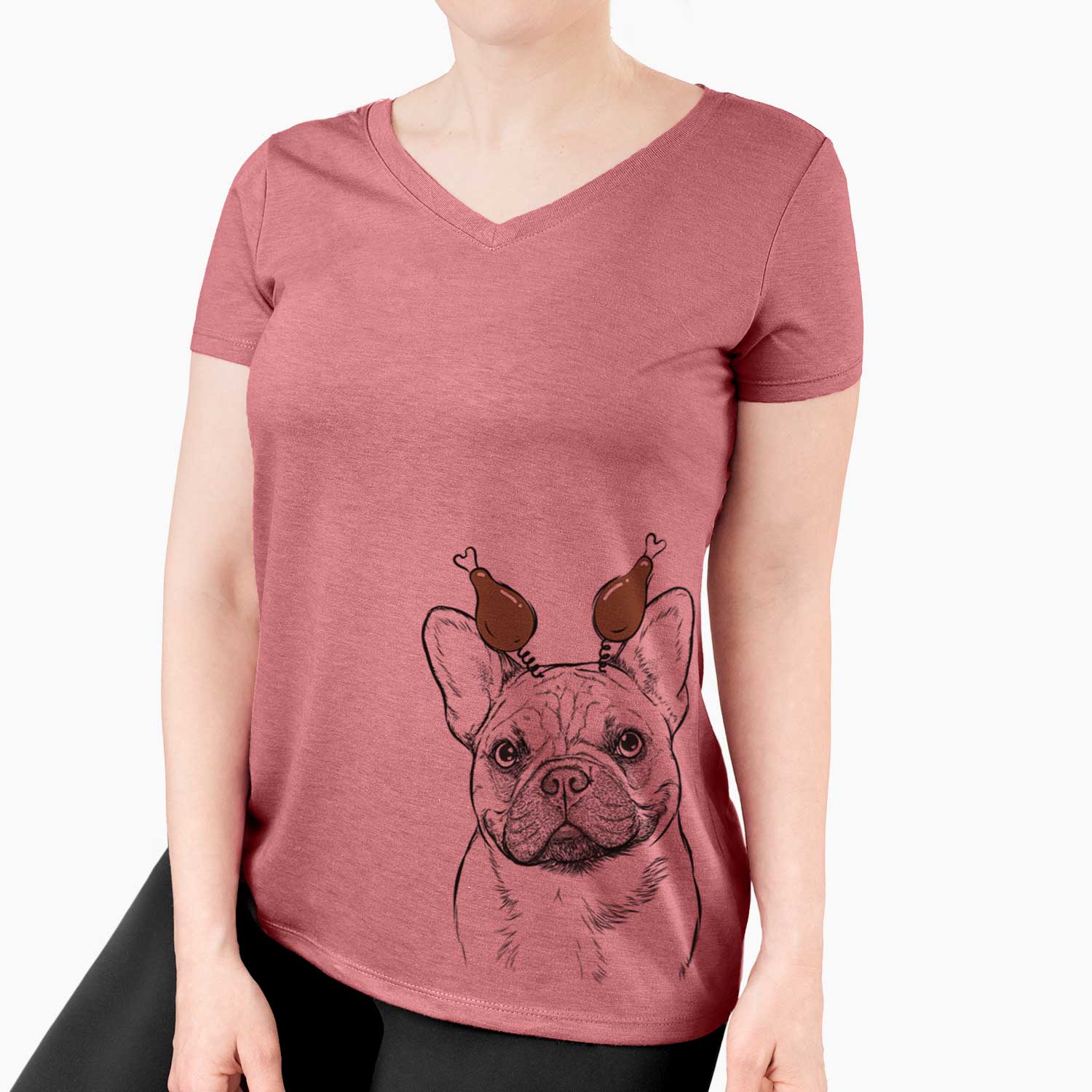 Thanksgiving Chew Chew the French Bulldog - Women's V-neck Shirt