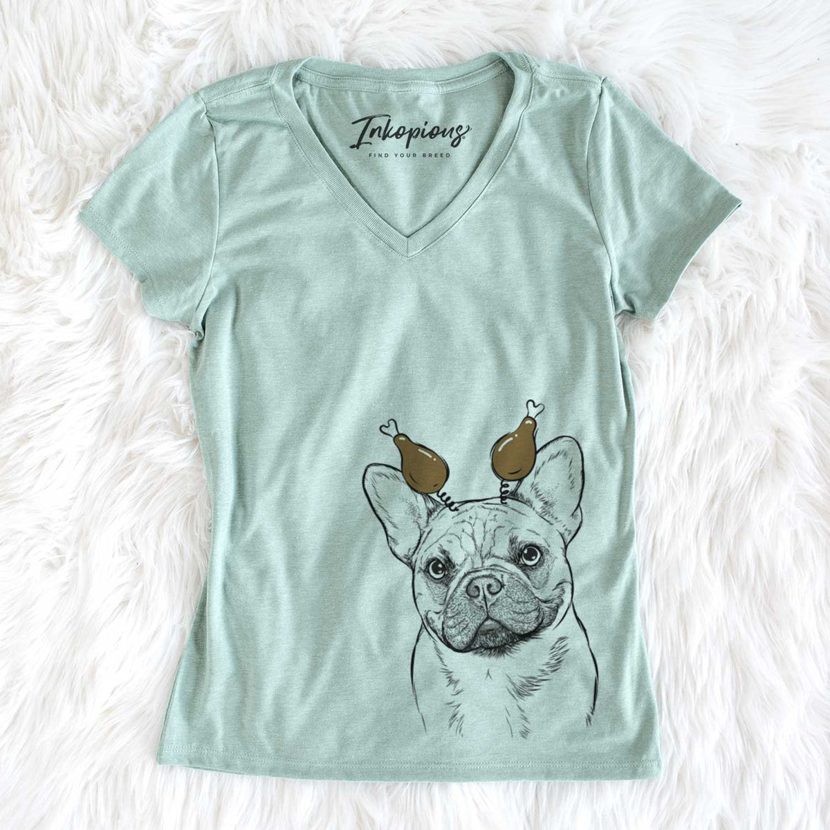 Thanksgiving Chew Chew the French Bulldog - Women&#39;s V-neck Shirt