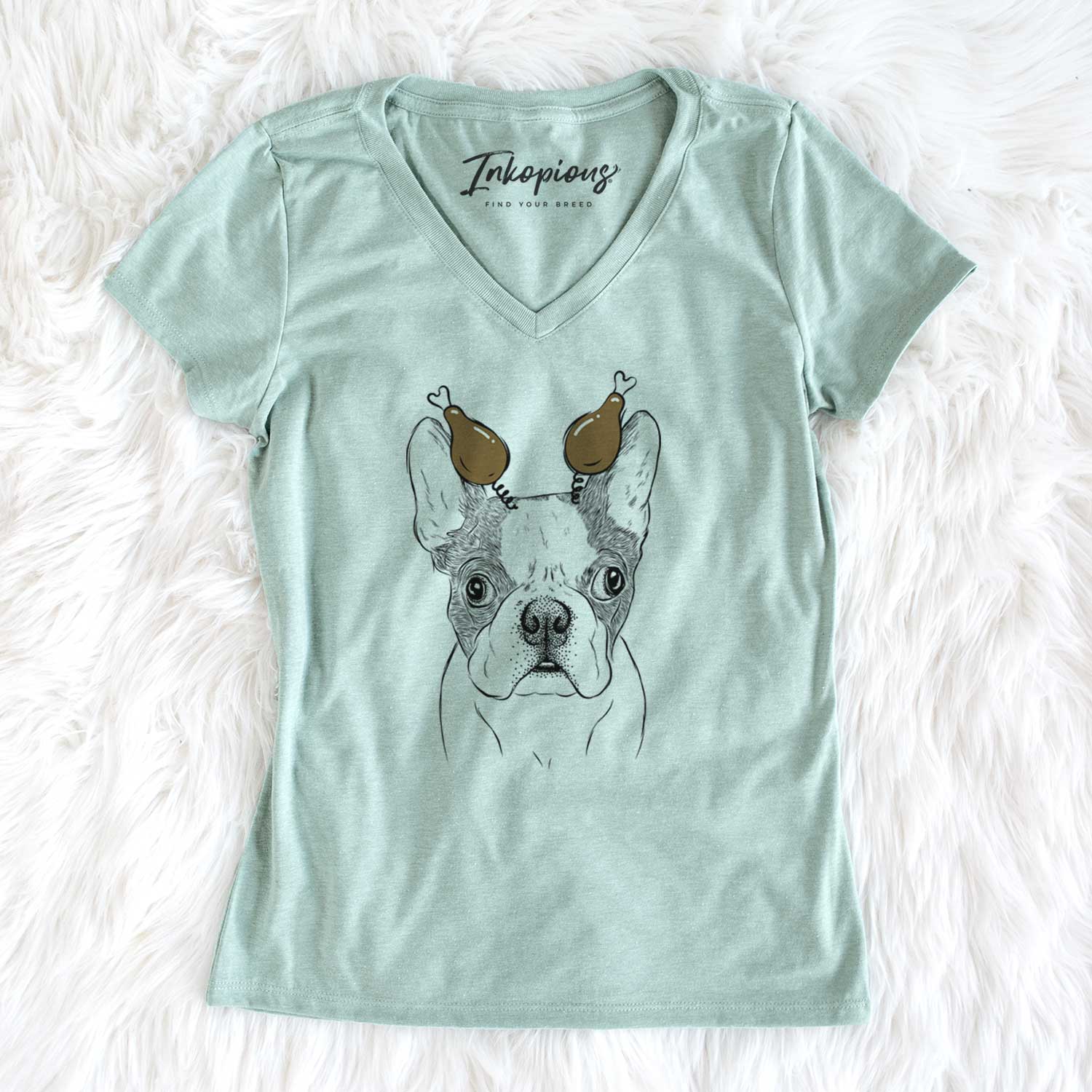 Thanksgiving Chocolate Chip the Boston Terrier - Women's V-neck Shirt