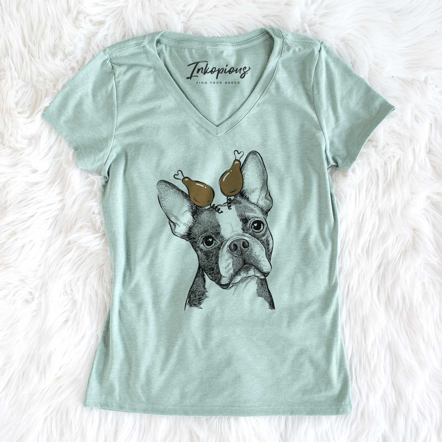 Thanksgiving Dee Dee the Boston Terrier - Women's V-neck Shirt