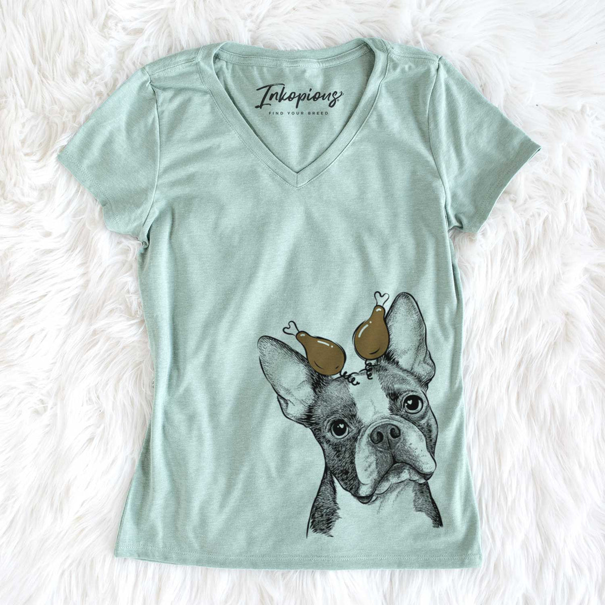 Thanksgiving Dee Dee the Boston Terrier - Women&#39;s V-neck Shirt