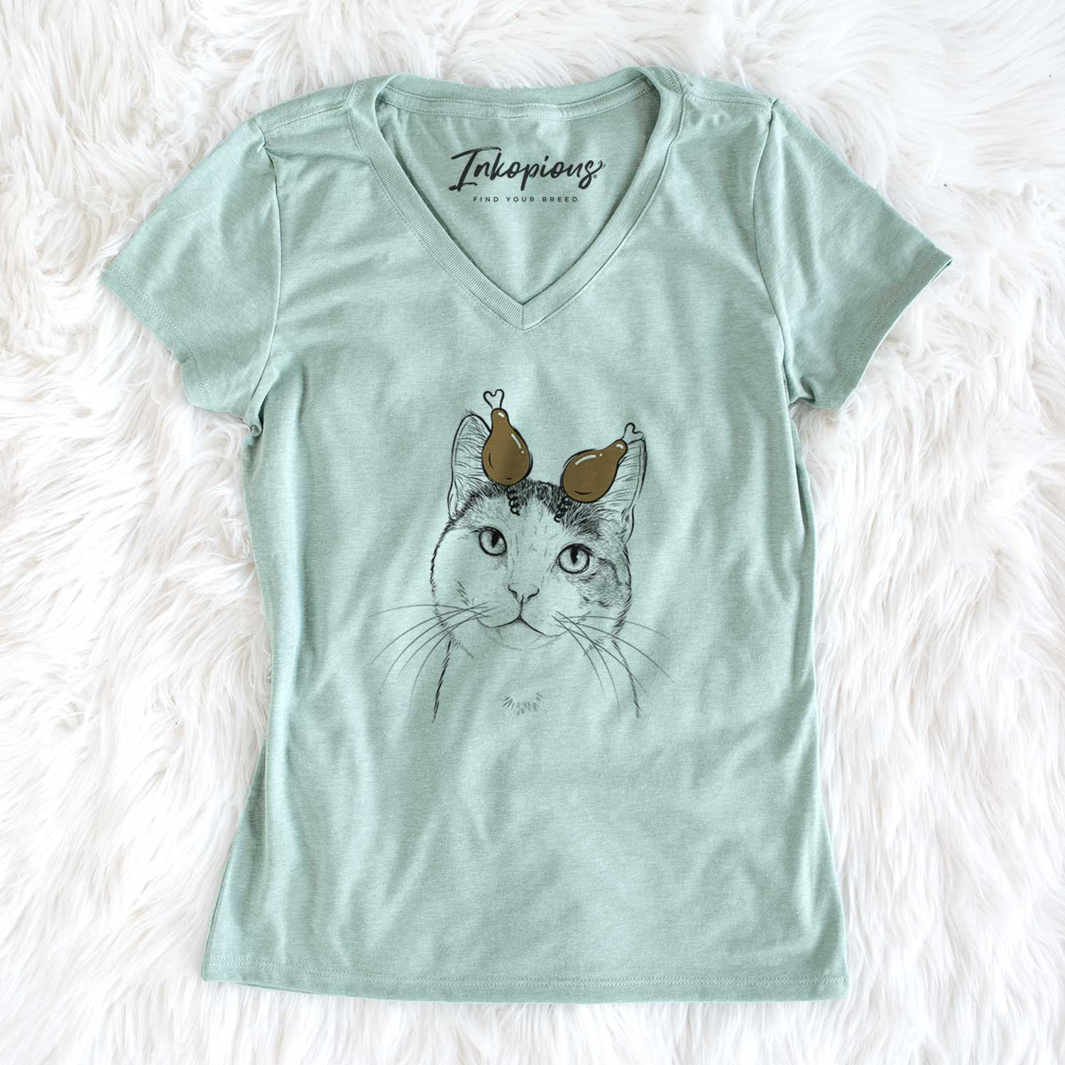 Thanksgiving Denver the Calico Cat - Women's V-neck Shirt