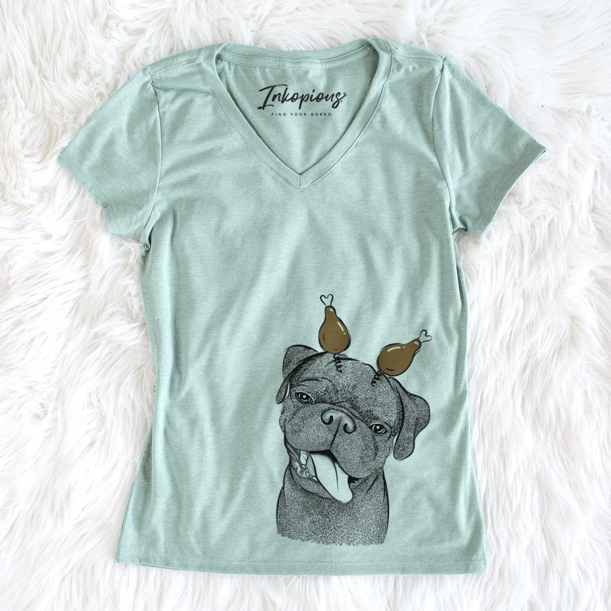 Thanksgiving Dudley Danger the Pug - Women&#39;s V-neck Shirt