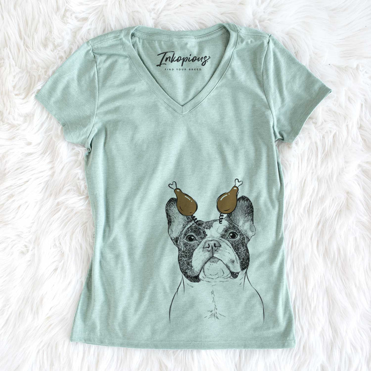 Thanksgiving Ella the French Bulldog - Women&#39;s V-neck Shirt