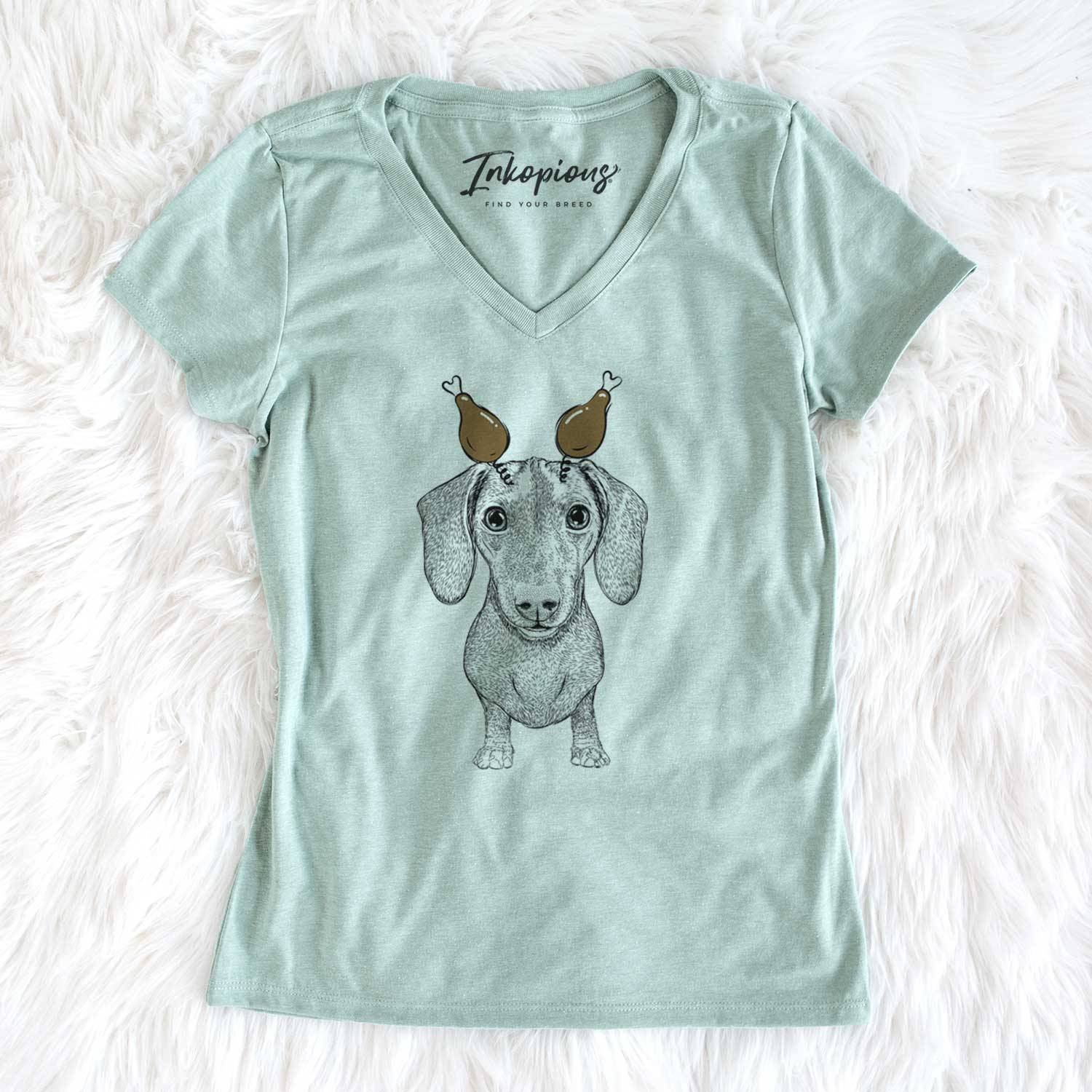 Thanksgiving Ernie the Mini Dachshund - Women's V-neck Shirt
