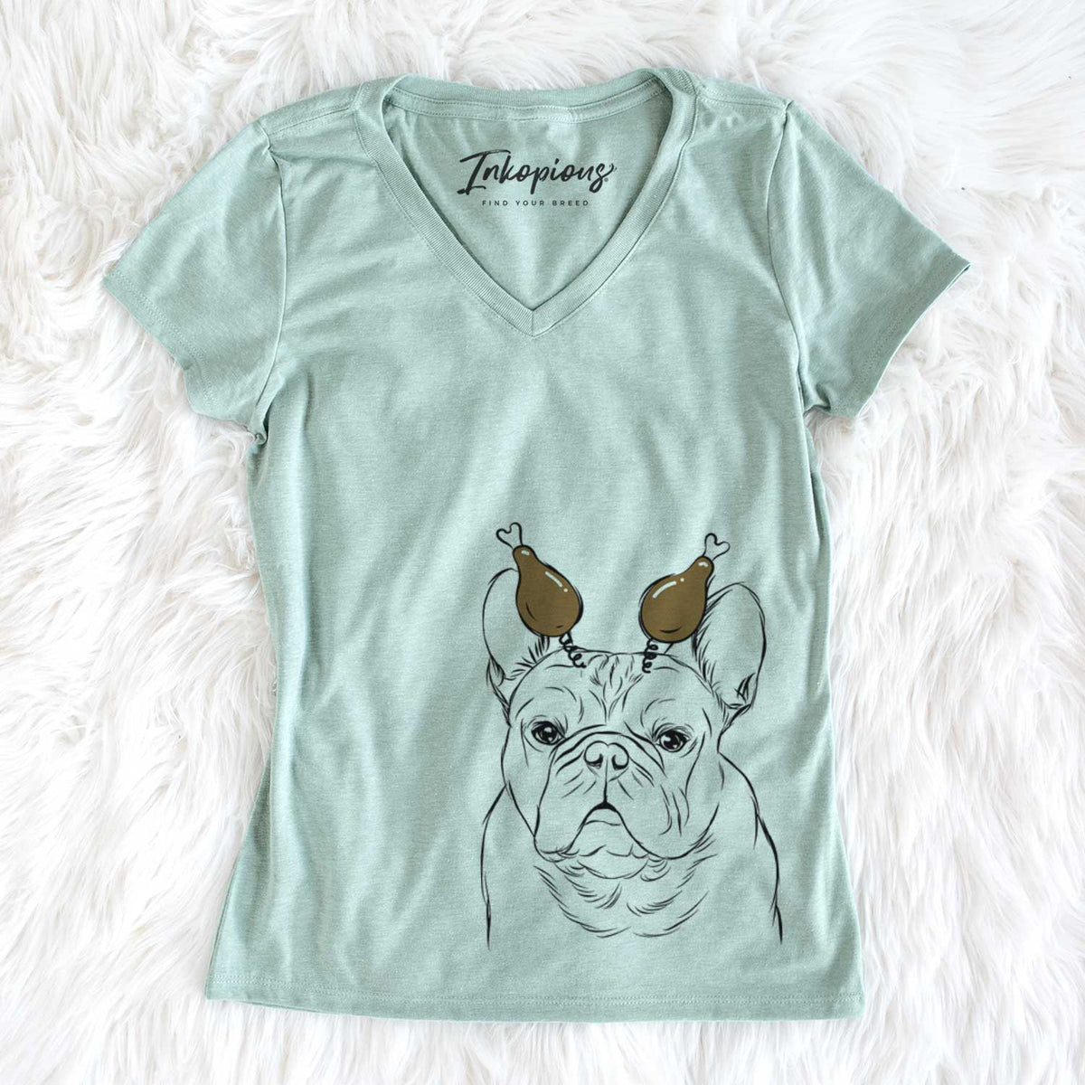 Thanksgiving Fudge the French Bulldog - Women&#39;s V-neck Shirt