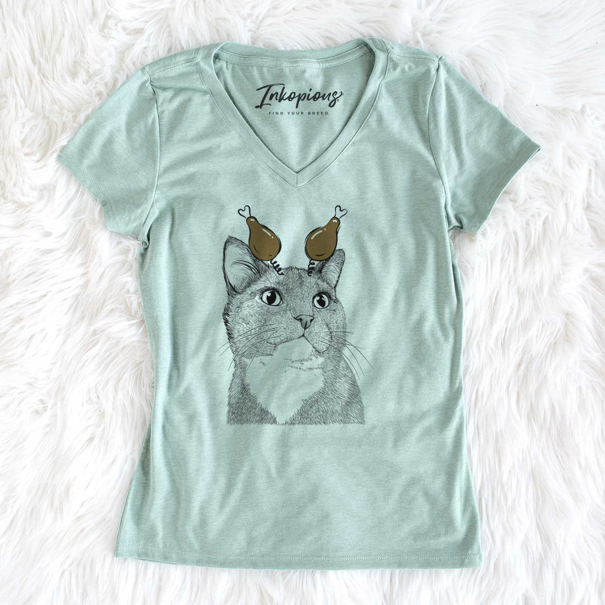 Thanksgiving Gizmo the Grey Cat - Women's V-neck Shirt