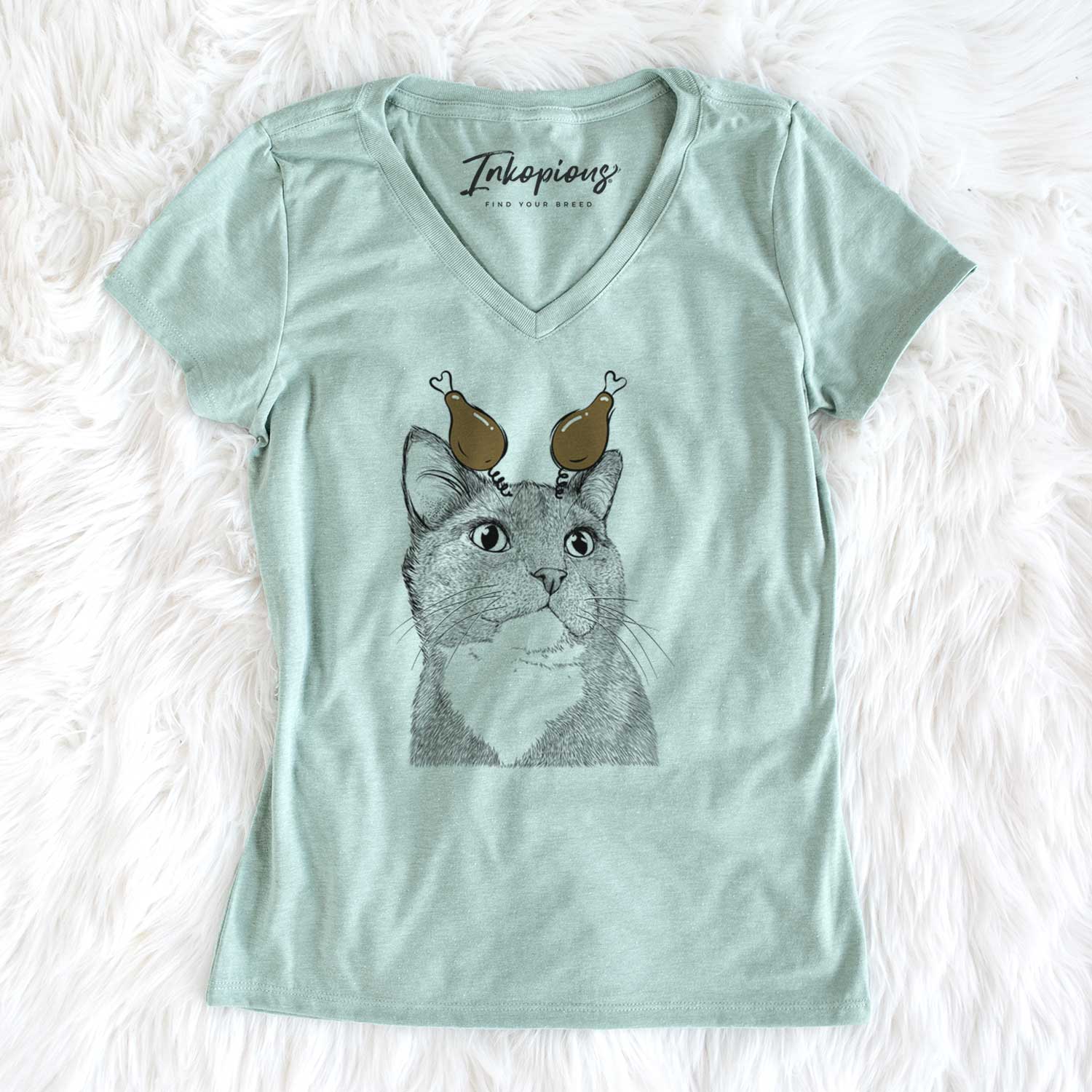 Thanksgiving Gizmo the Grey Cat - Women's V-neck Shirt