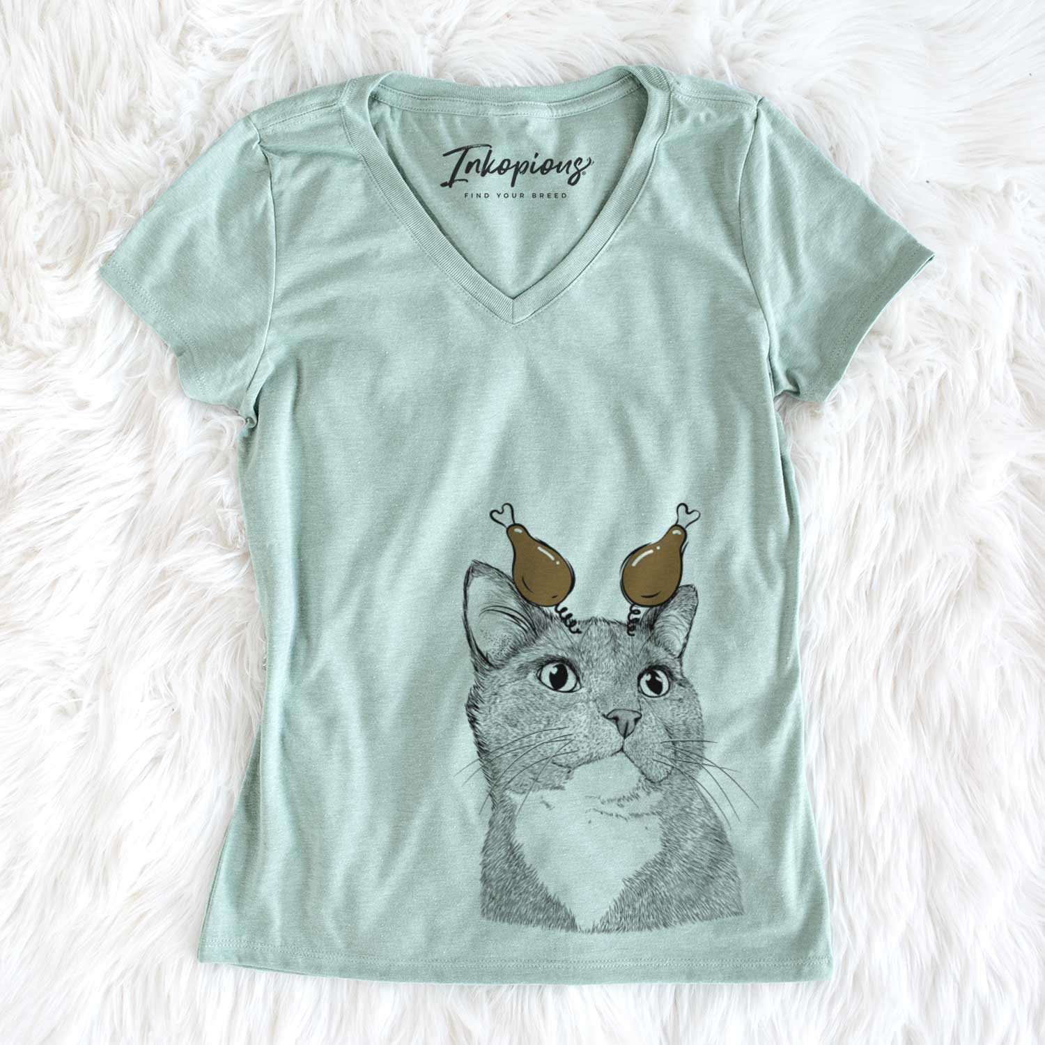 Thanksgiving Gizmo the Grey Cat - Women's V-neck Shirt
