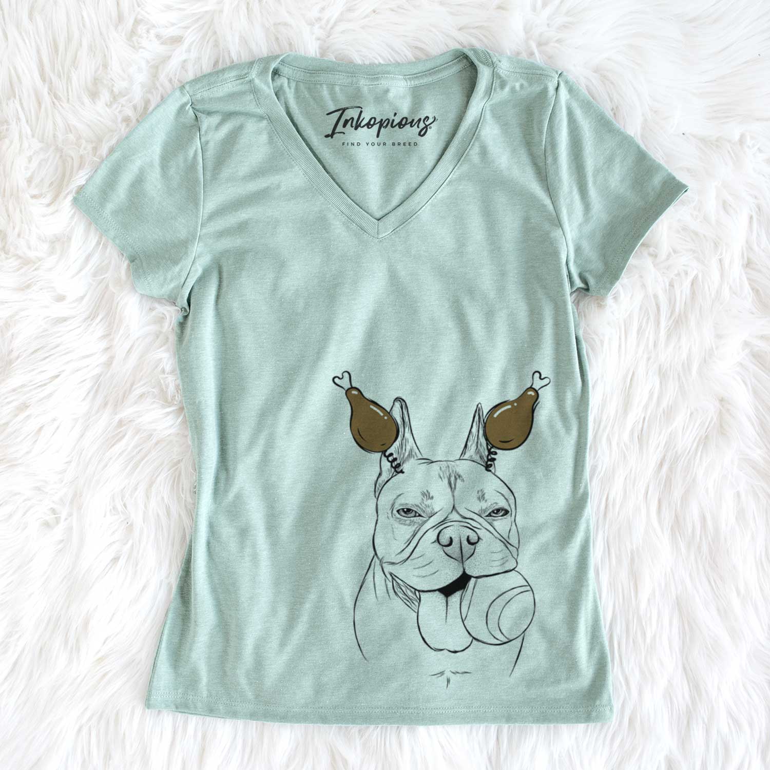 Thanksgiving Happy Franco the French Bulldog - Women's V-neck Shirt
