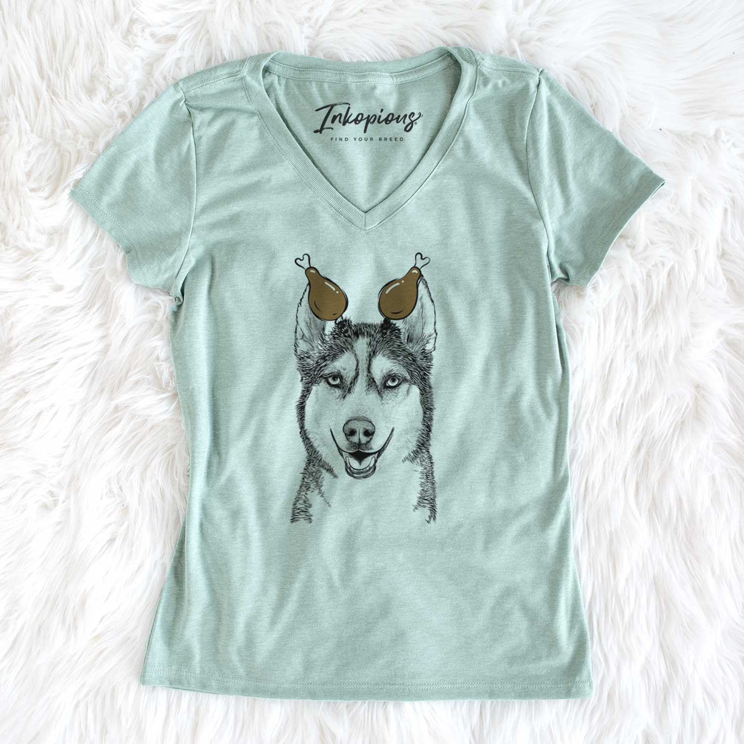 Thanksgiving Kira the Siberian Husky - Women's V-neck Shirt