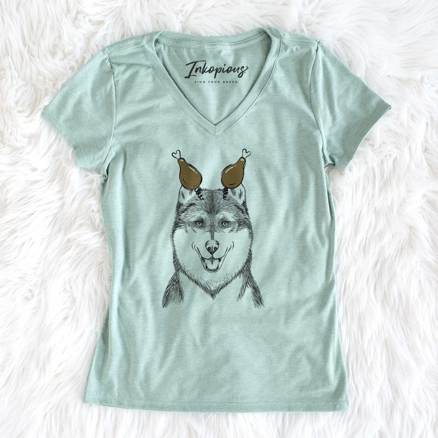 Thanksgiving Koda the Siberian Husky - Women's V-neck Shirt