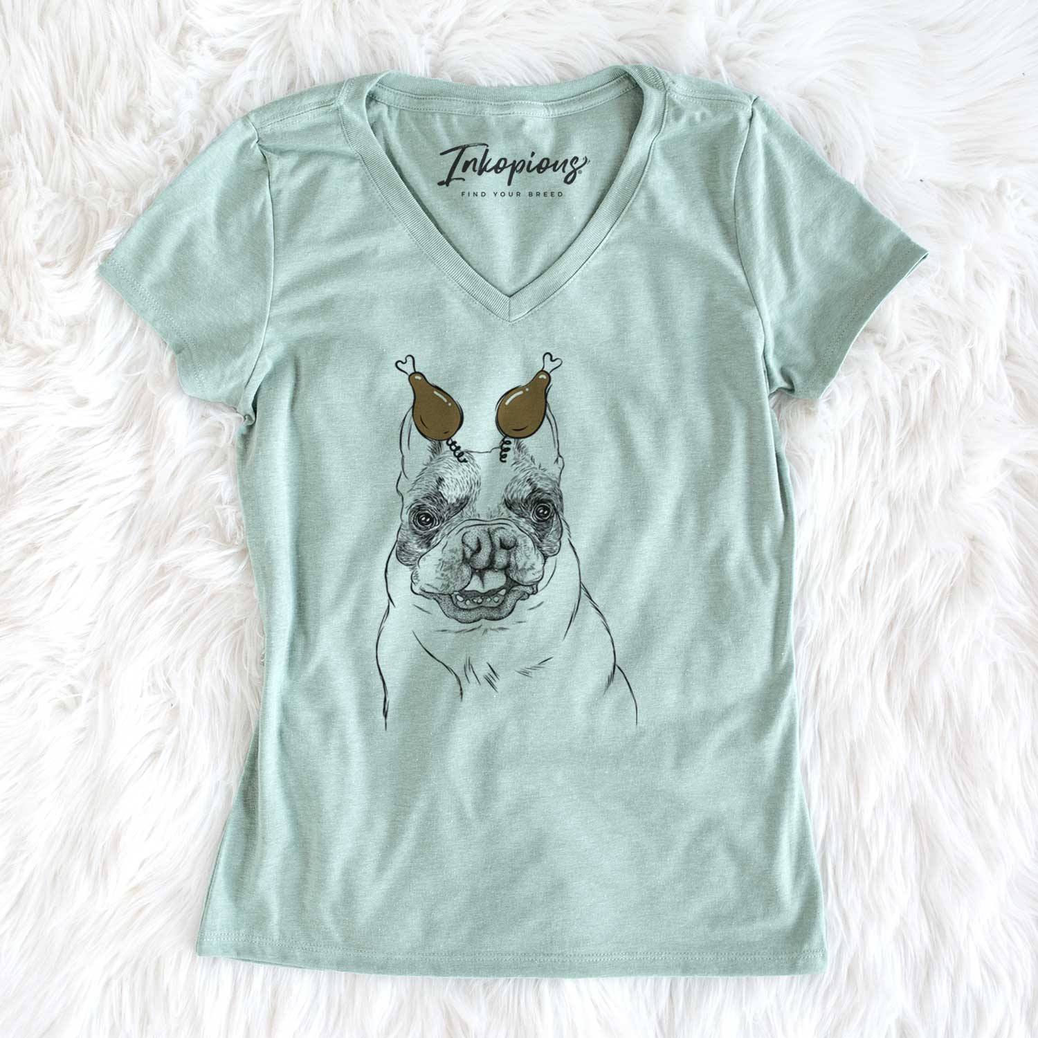 Thanksgiving Lentil the French Bulldog - Women's V-neck Shirt