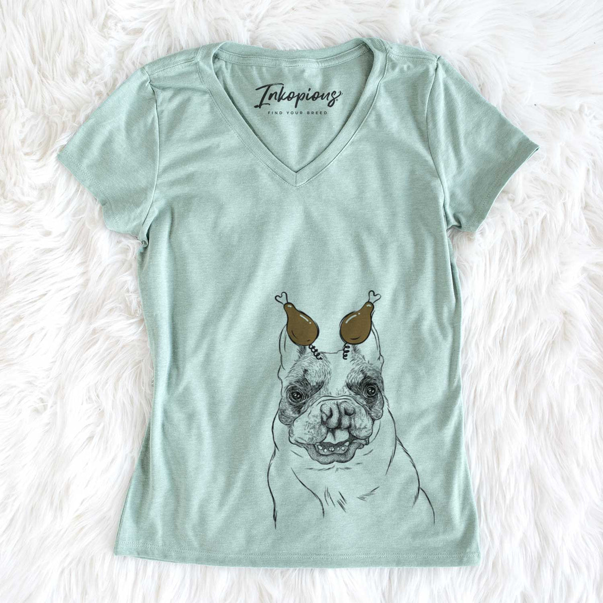 Thanksgiving Lentil the French Bulldog - Women&#39;s V-neck Shirt