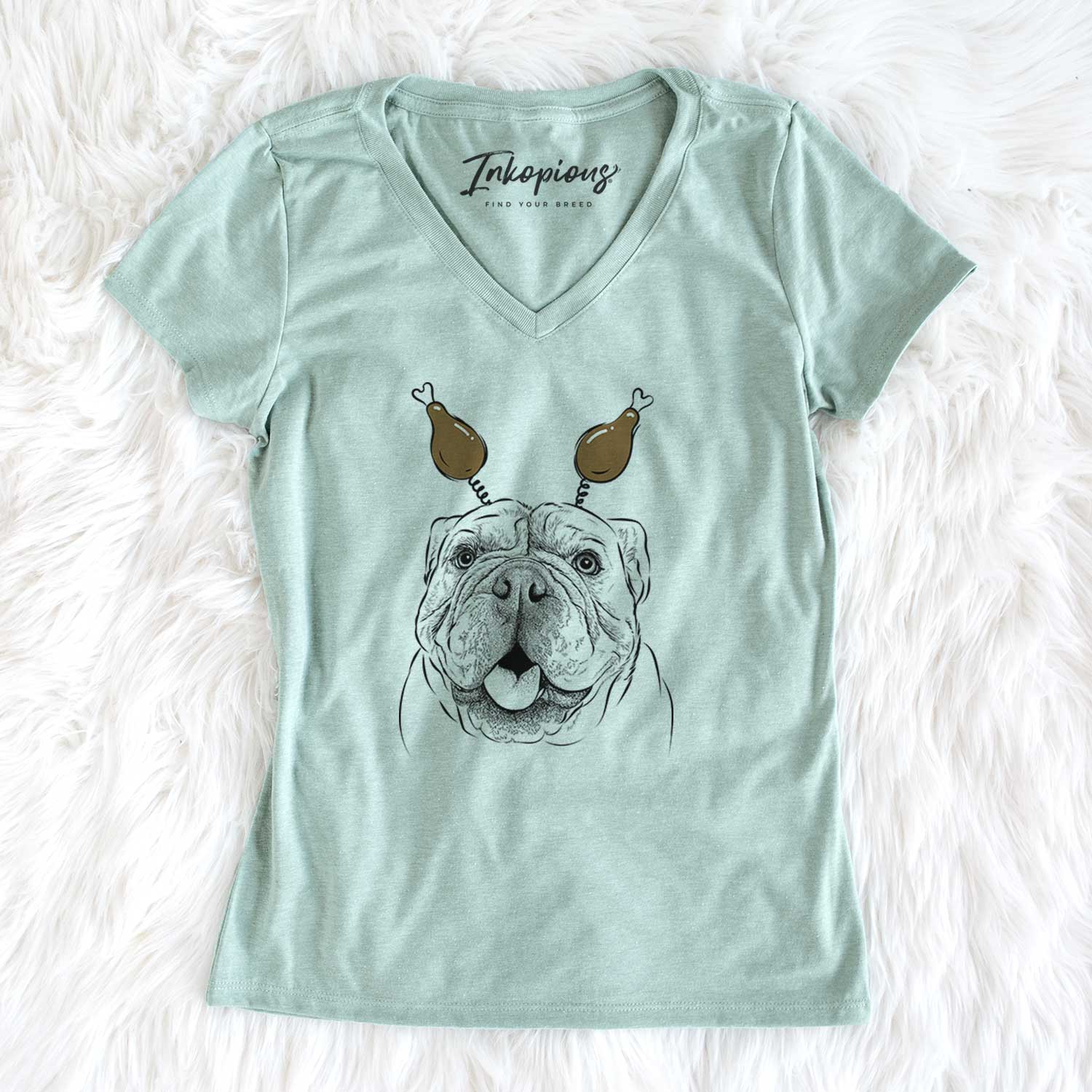 Thanksgiving Louie the English Bulldog - Women's V-neck Shirt