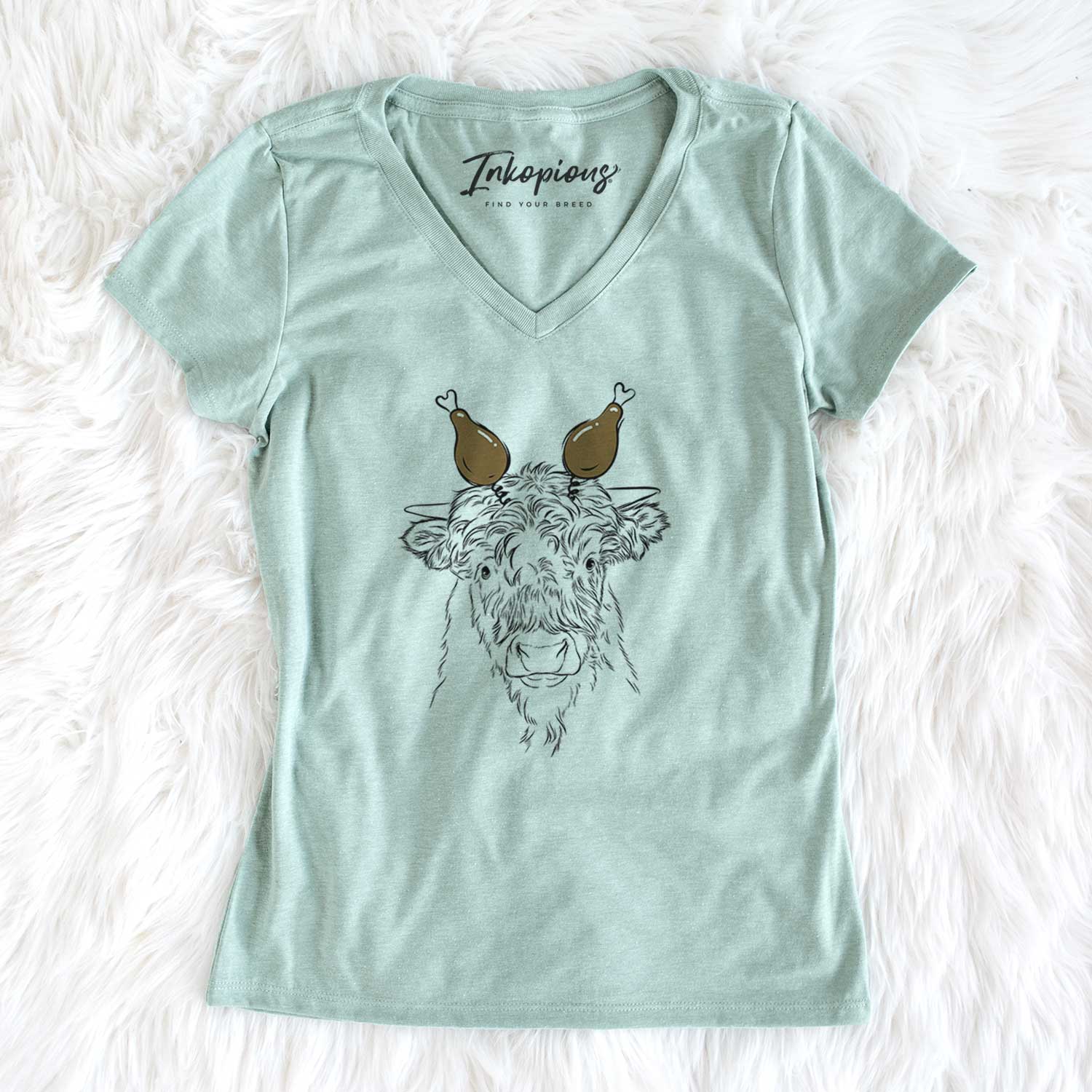 Thanksgiving Mack the Scottish Highland Cow - Women's V-neck Shirt