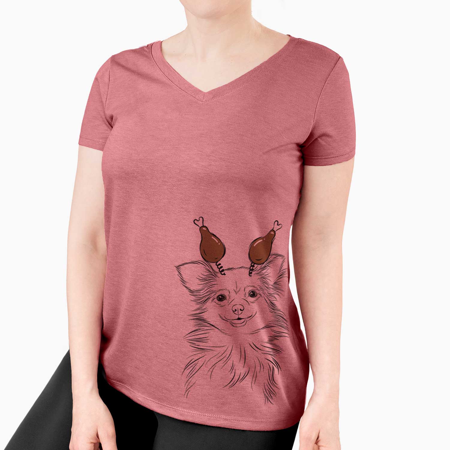 Thanksgiving Marzi the Long Haired Chihuahua - Women's V-neck Shirt